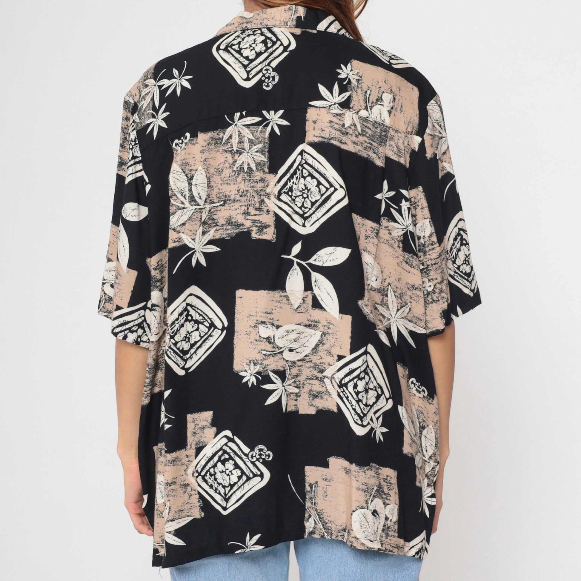 90s Alfred Dunner Button Up Blouse Leaf Floral Print Black Tan XXL