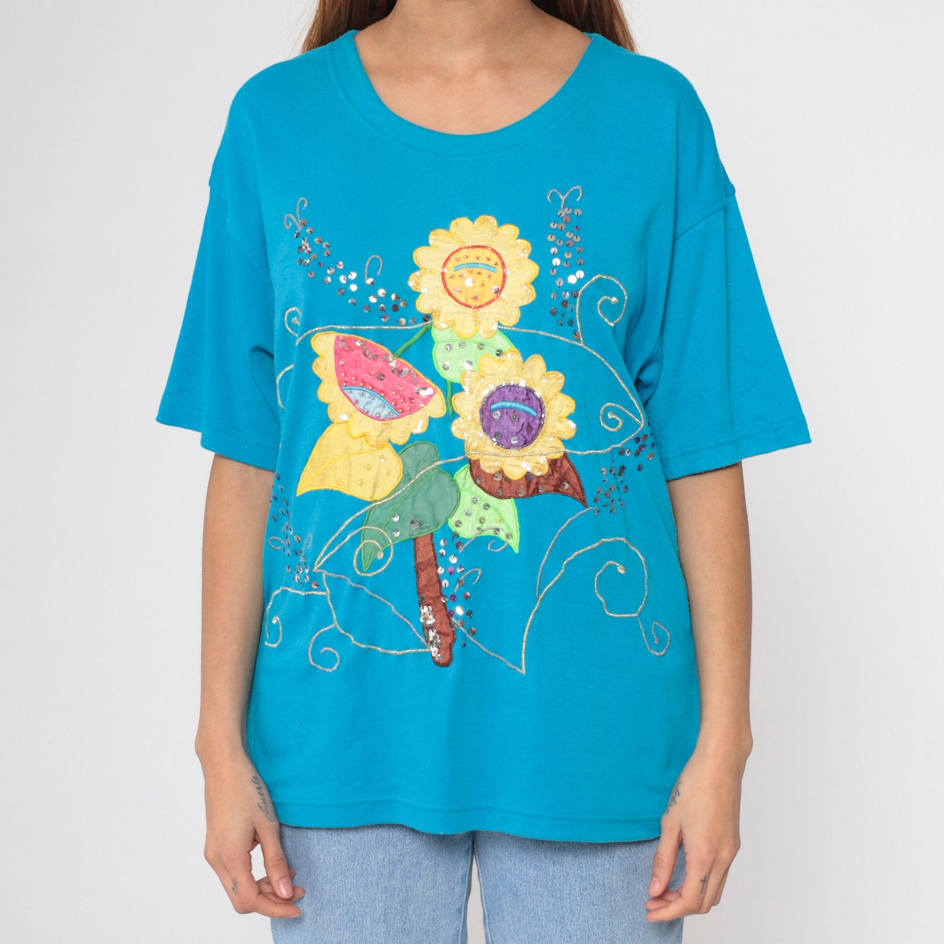 90s Turquoise Floral T-Shirt Sequined Beaded Embroidered Graphic Tee Large