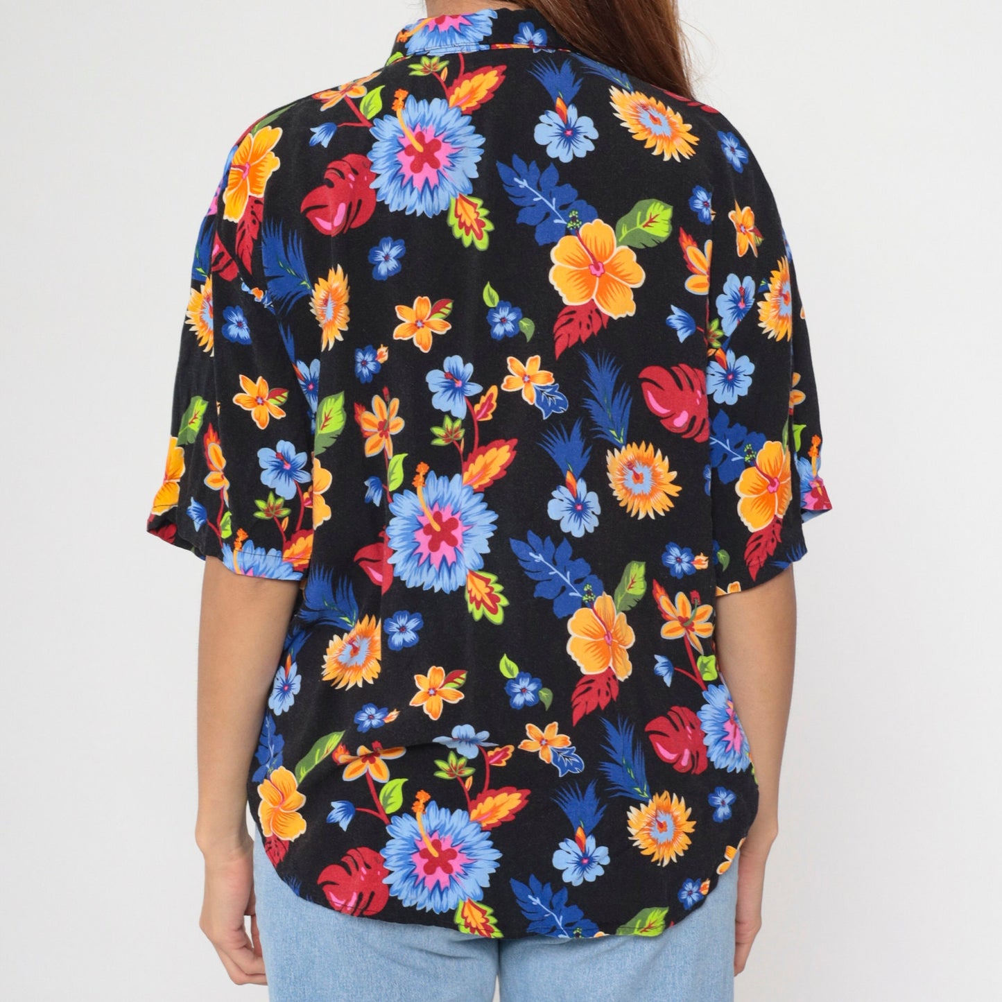90s Tropical Floral Black Button Up Blouse Short Sleeve Extra Large XXL