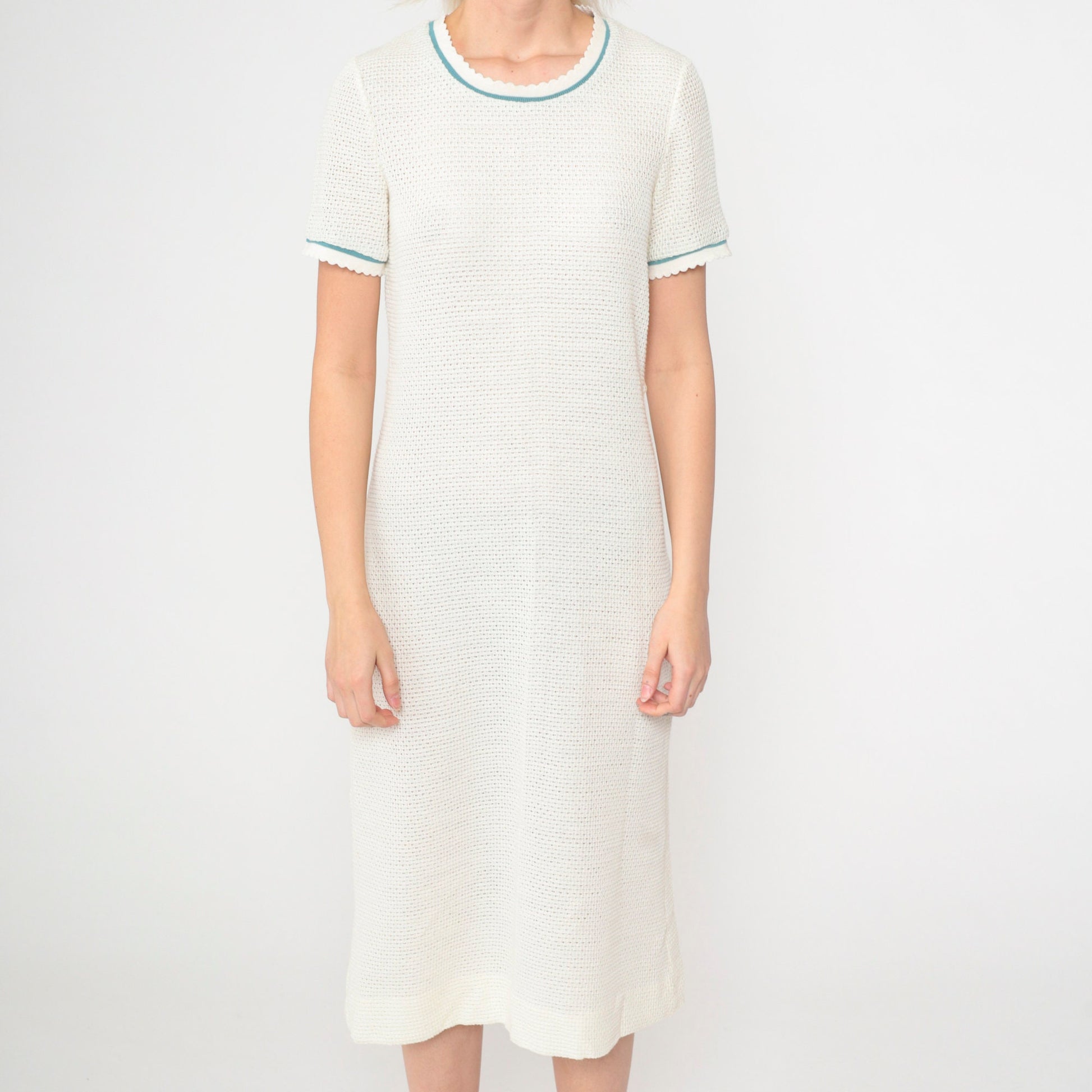 70s White Openwork Knit Midi Dress & Cardigan Set Teal Trim Small