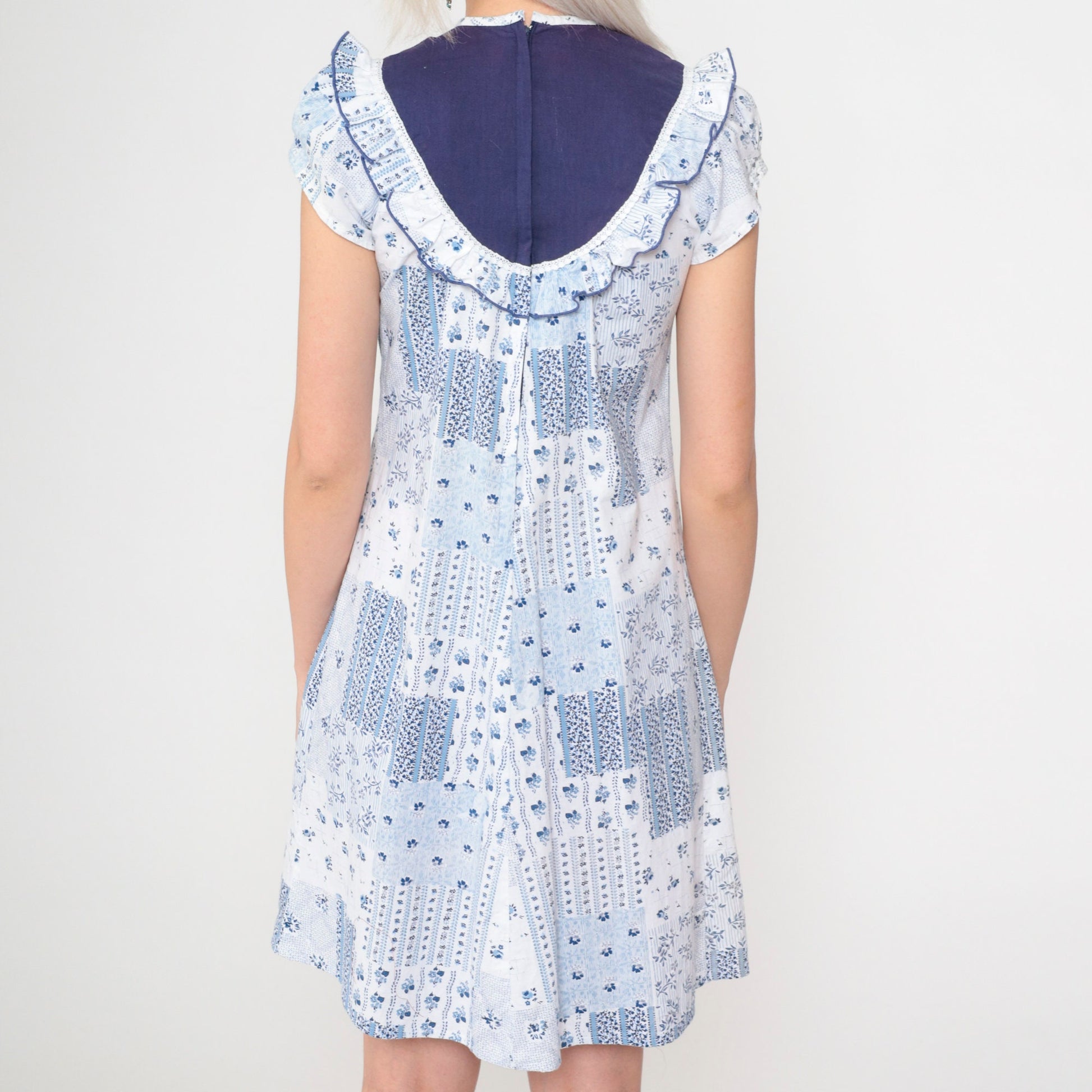 70s Liberty House Floral Patchwork Mini Dress Blue White Puff Sleeve 2XS
