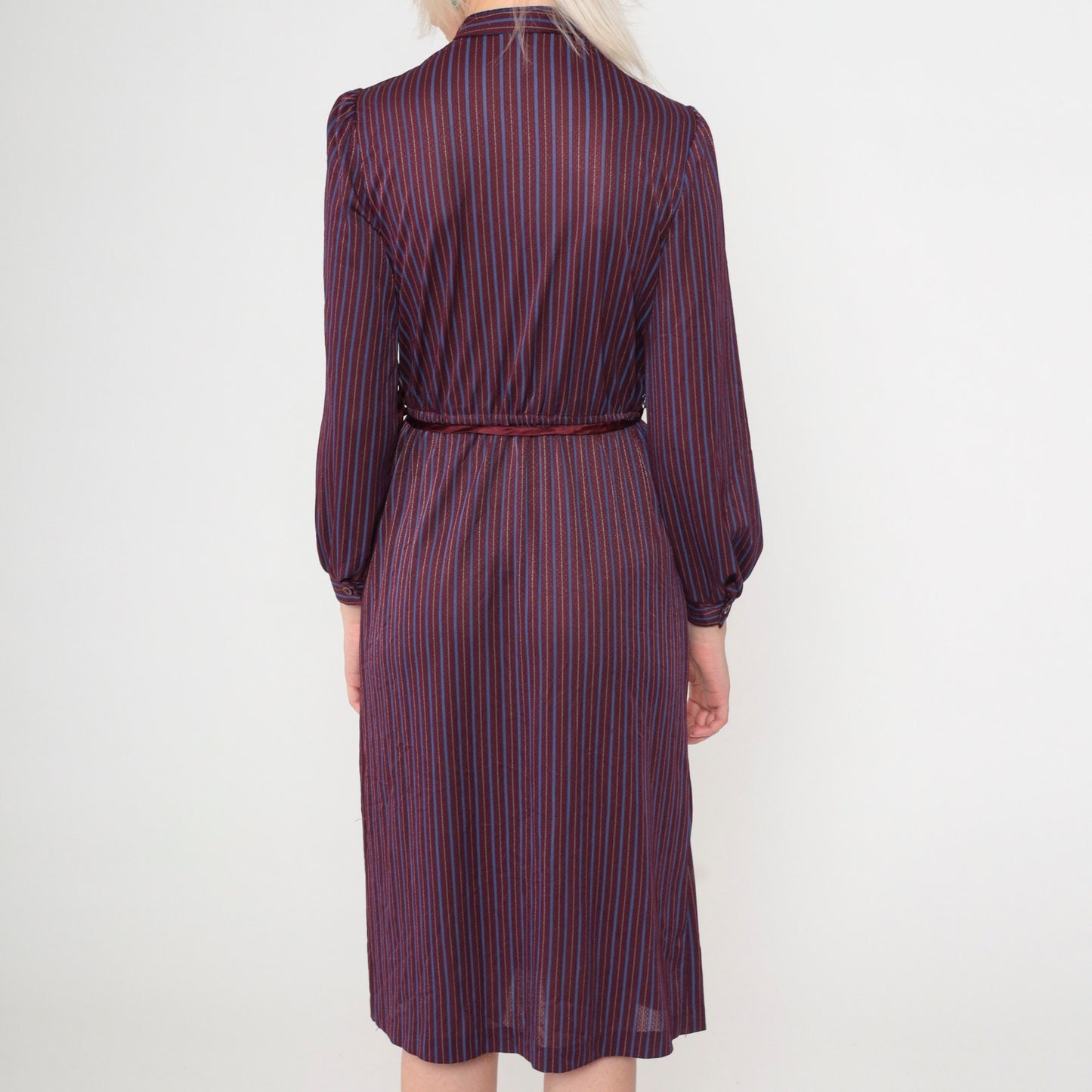 70s Jerri Jee Mandarin Collar Midi Dress Plum Striped Puff Sleeve Extra Small