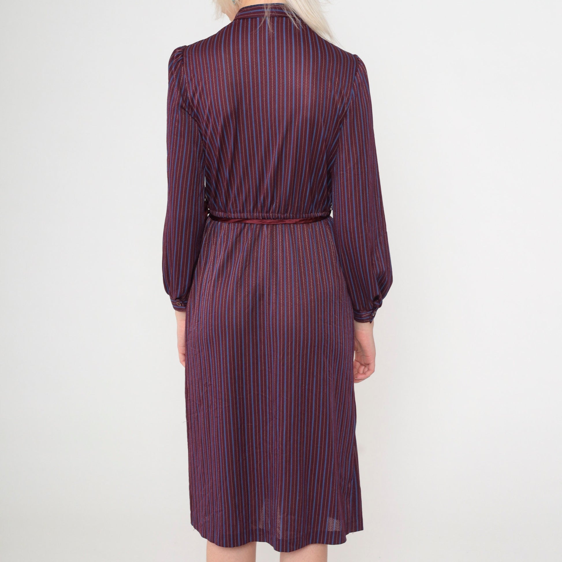 70s Jerri Jee Mandarin Collar Midi Dress Plum Striped Puff Sleeve Extra Small