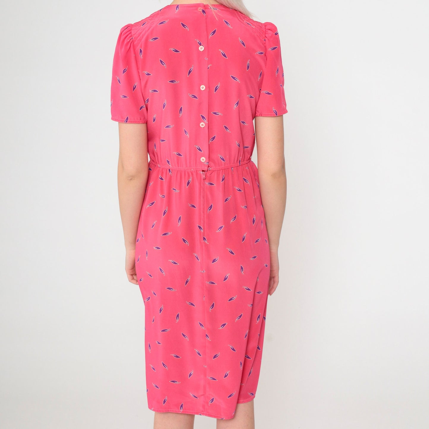 80s Leaf Print Midi Dress Bright Pink Puff Sleeve High Waist Button Back Extra Small