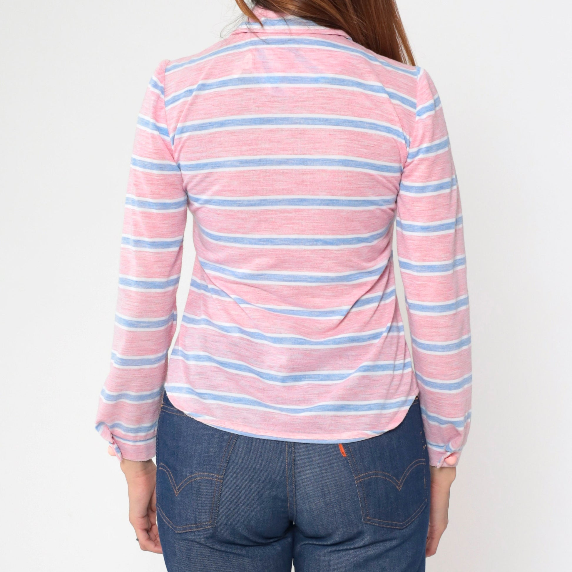 70s Pink Striped Shirt Dog Ear Collar Long Sleeve Button Up Small