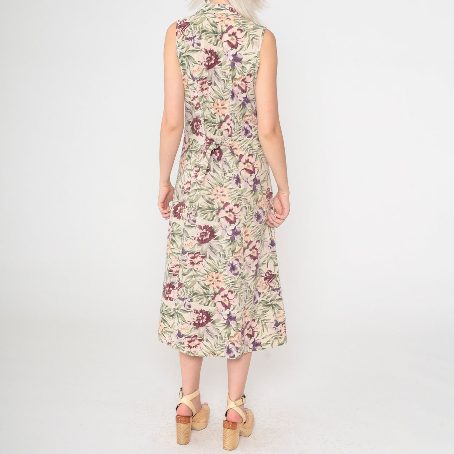 90s Tropical Floral Silk Midi Dress Cream Button-Front Sleeveless Small