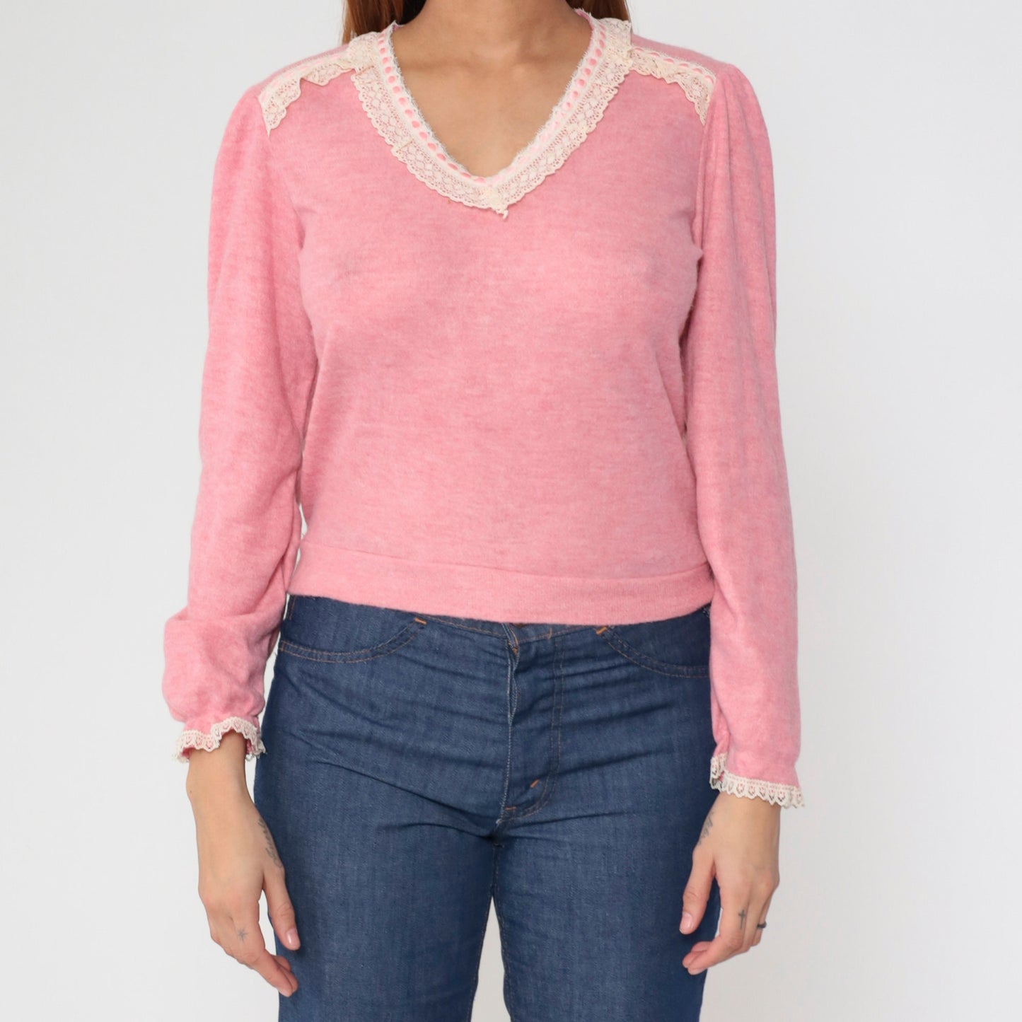 80s Pink Lace Trim V-Neck Sweater Top Long Sleeve Knit Blouse Small