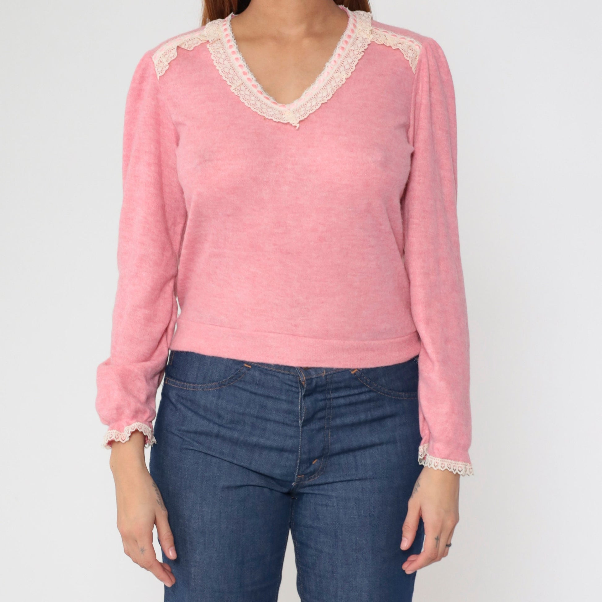 80s Pink Lace Trim V-Neck Sweater Top Long Sleeve Knit Blouse Small