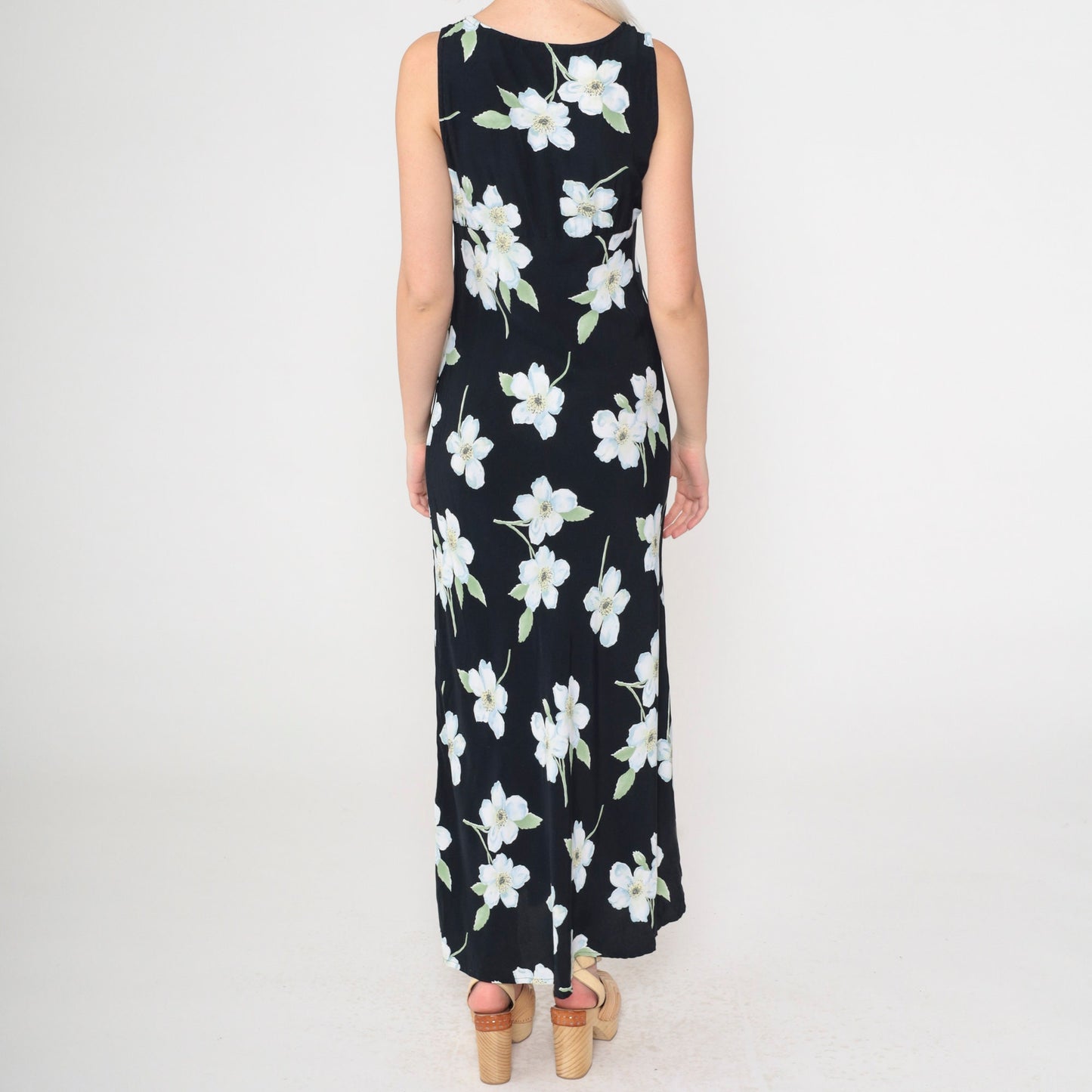 90s All That Jazz Black Floral Maxi Dress Empire Waist Scoop Neck Small