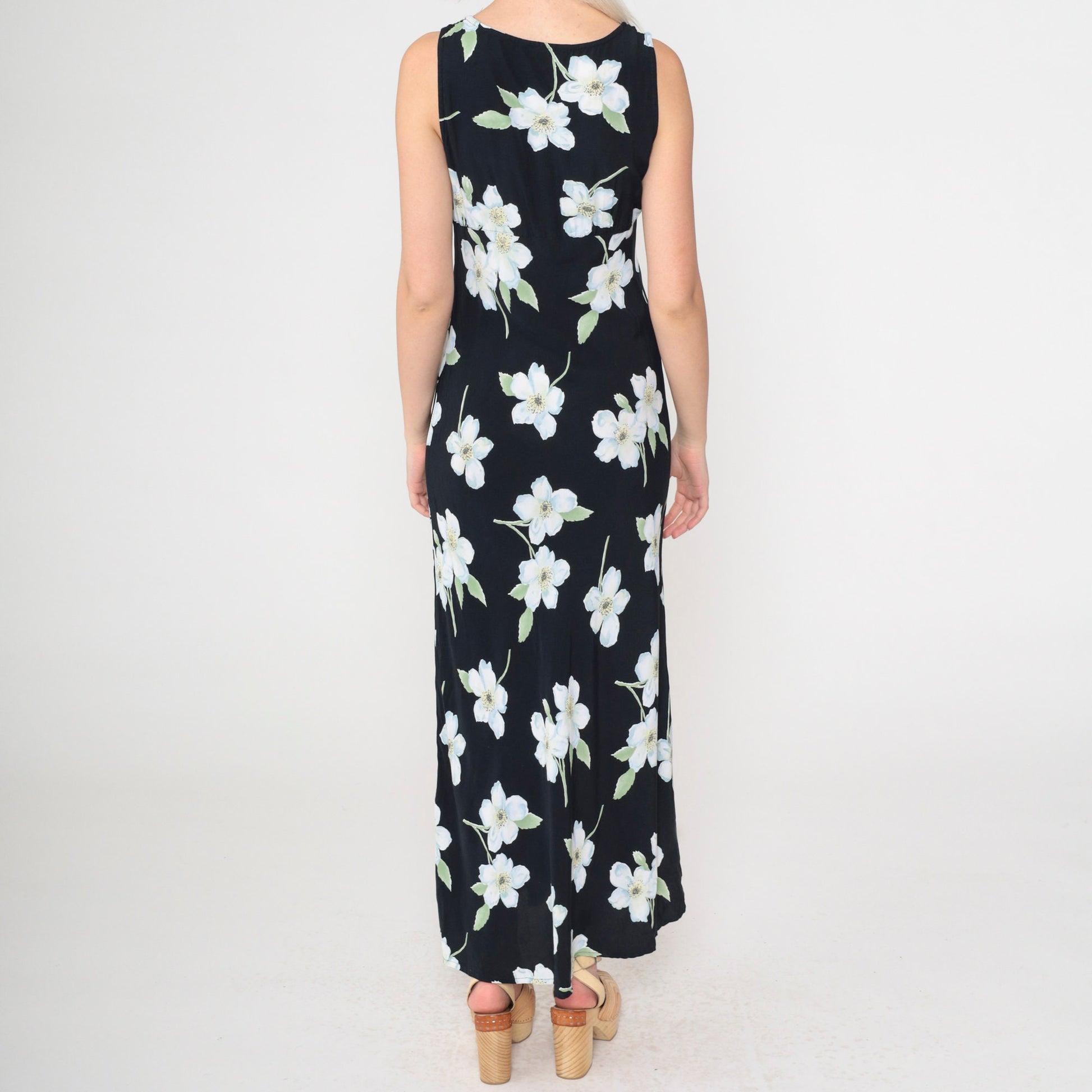 90s All That Jazz Black Floral Maxi Dress Empire Waist Scoop Neck Small