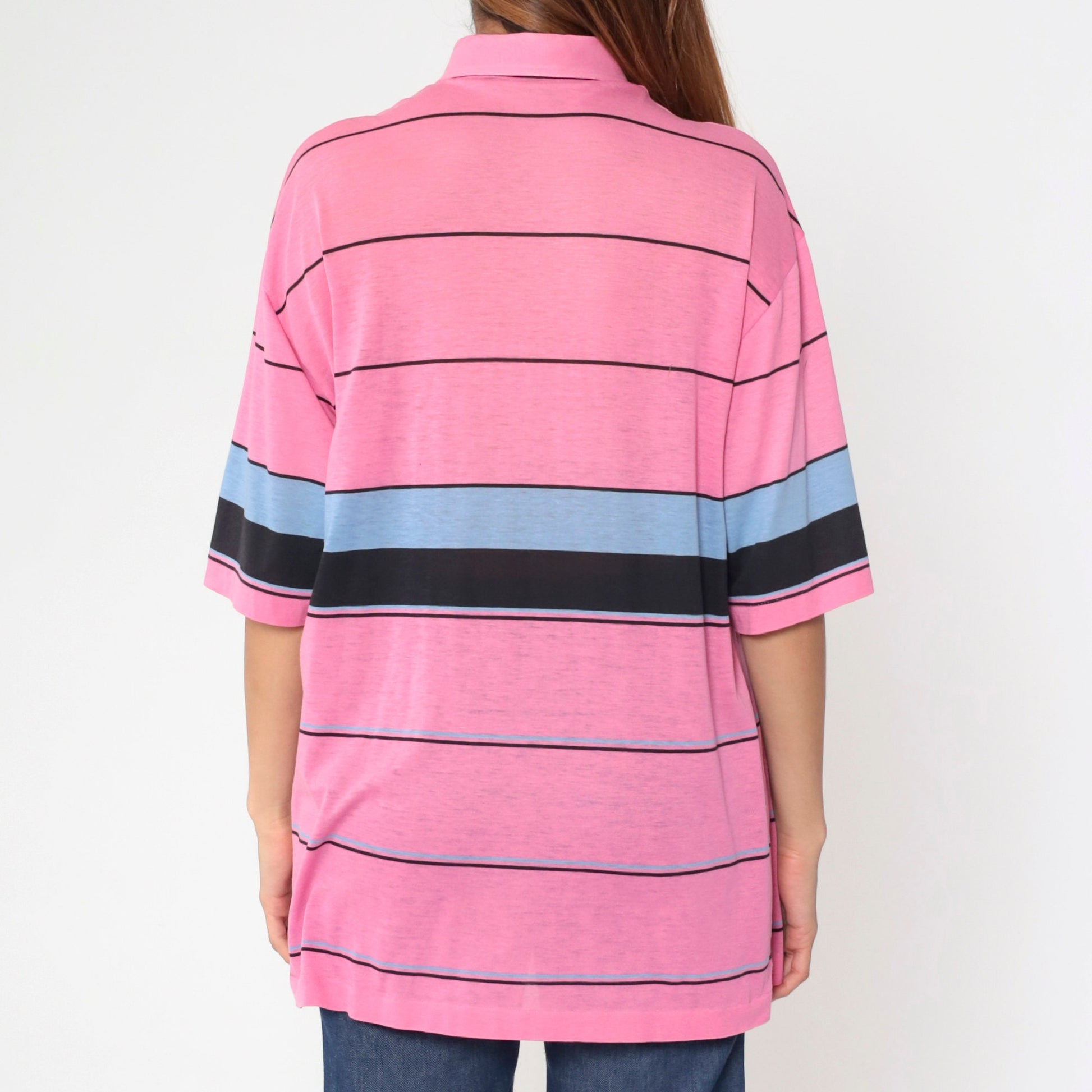 80s Santa Anita Park Peacock Polo Shirt Pink Striped Button Up Extra Large XL