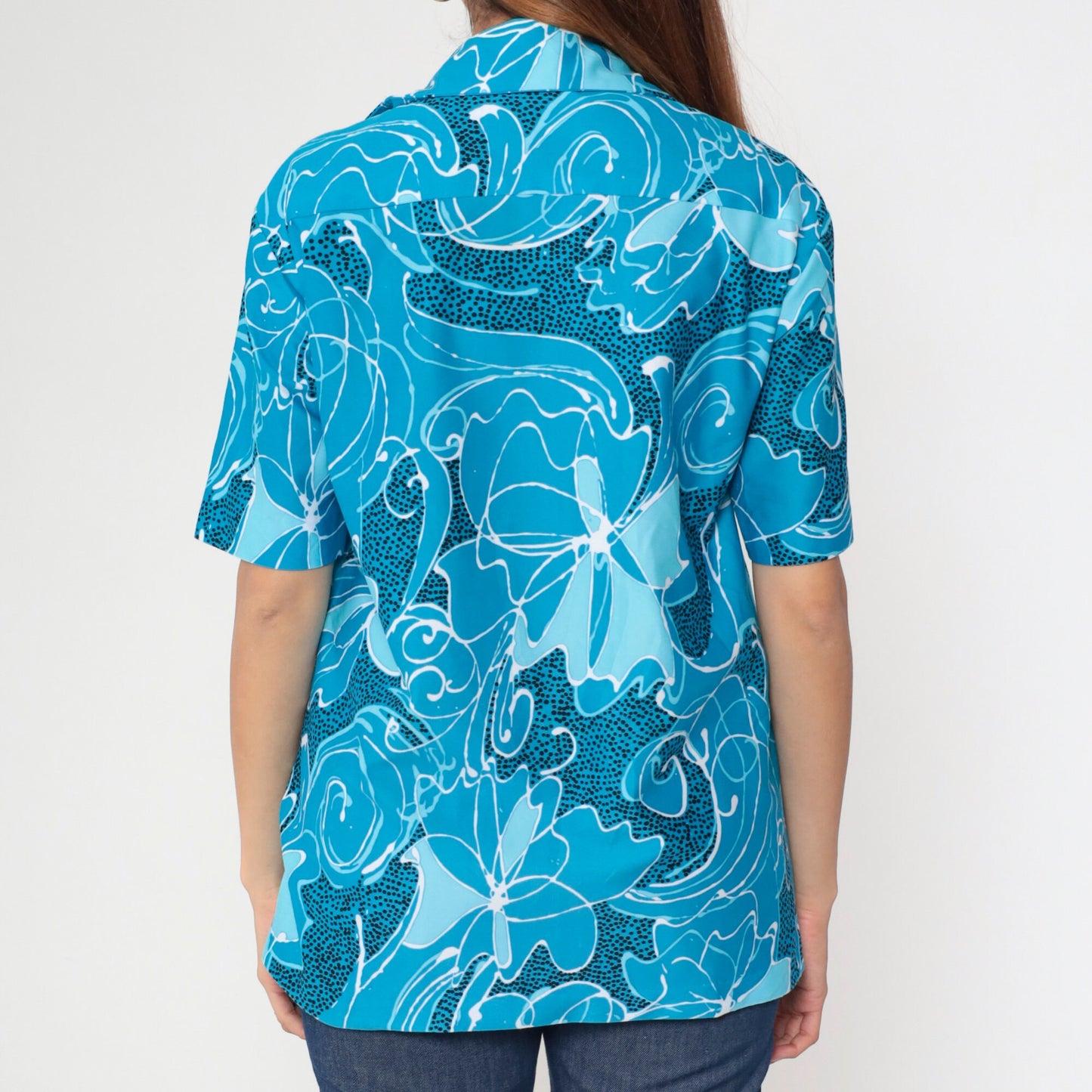 70s Blue Floral Abstract Zip-Up Blouse Short Sleeve Medium Large