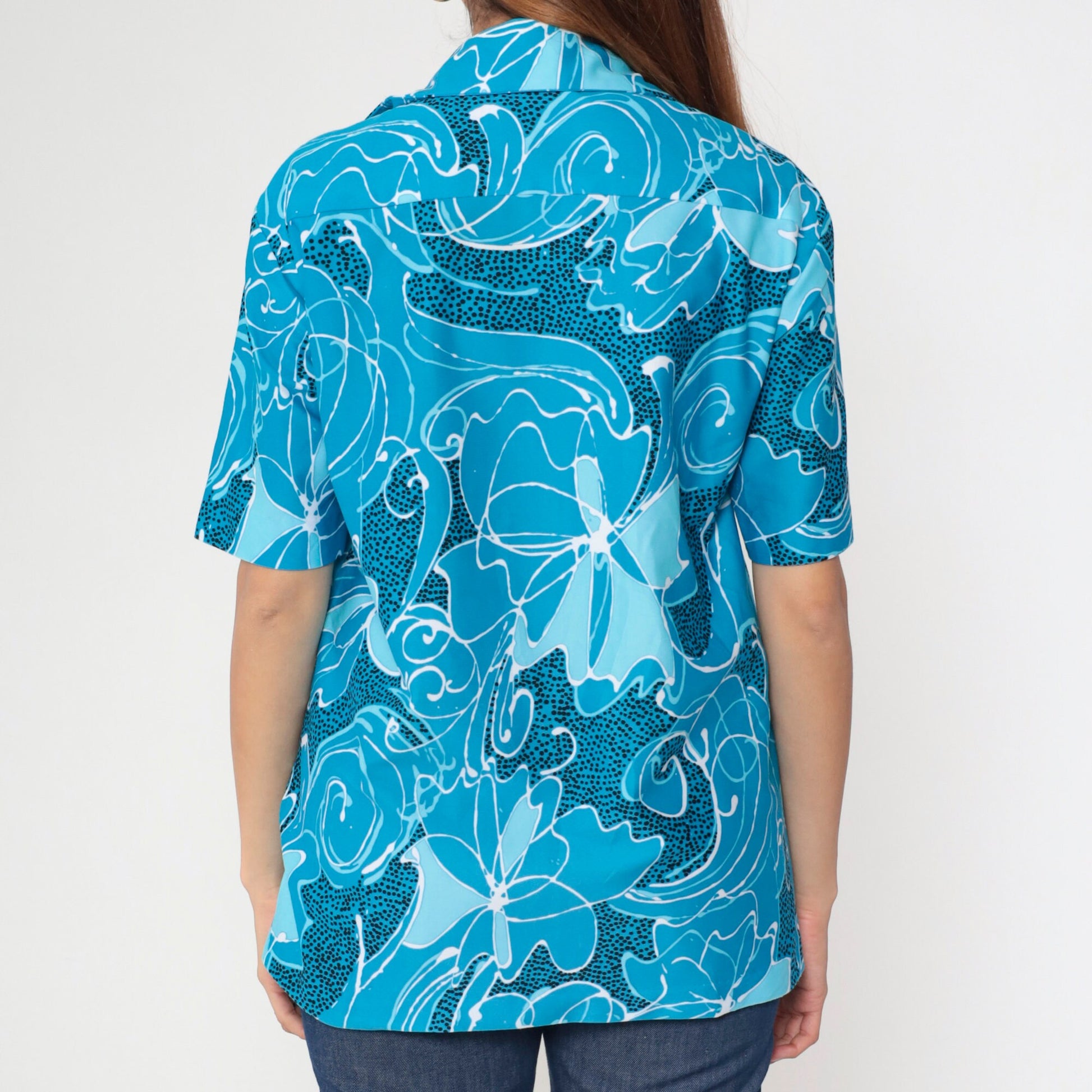 70s Blue Floral Abstract Zip-Up Blouse Short Sleeve Medium Large