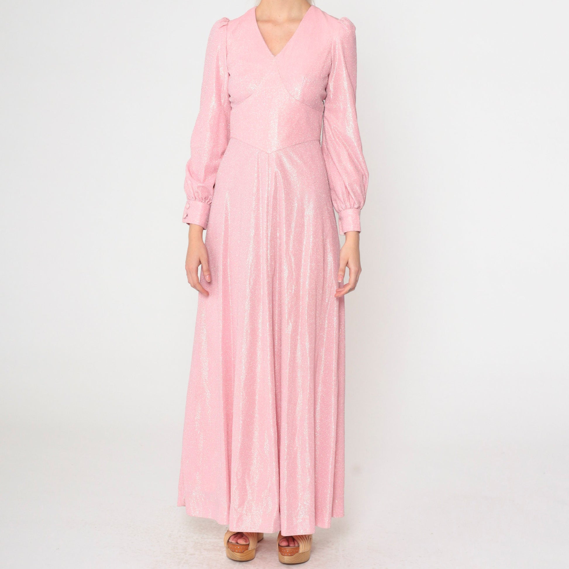 70s Metallic Baby Pink Maxi Dress Puff Sleeve V-Neck High Waist Extra Small