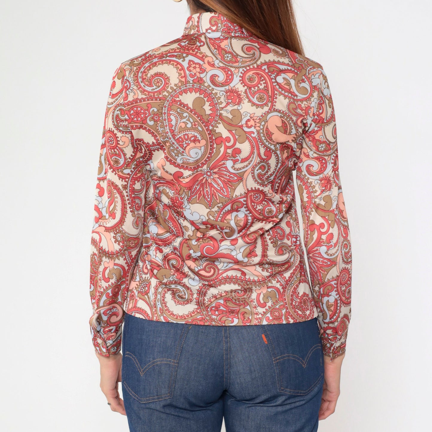 70s Paisley Dagger Collar Blouse Cream Coral Long Sleeve Button Up Small