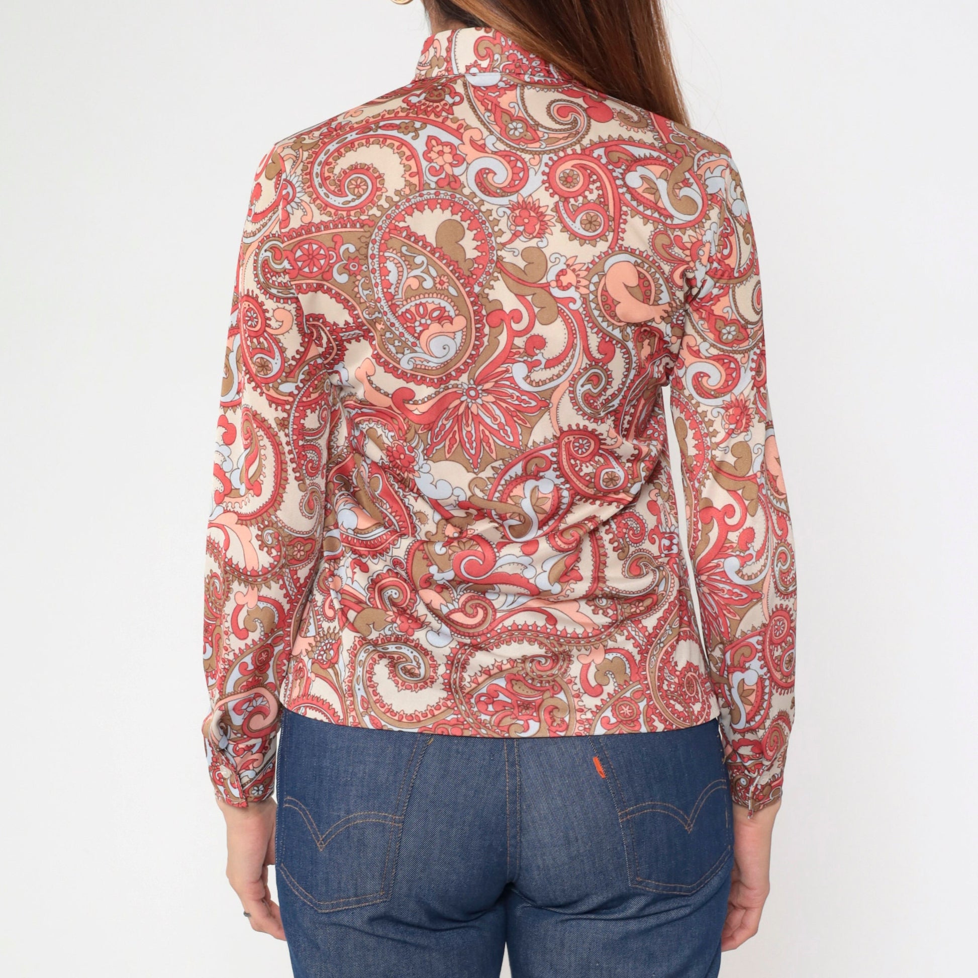 70s Paisley Dagger Collar Blouse Cream Coral Long Sleeve Button Up Small