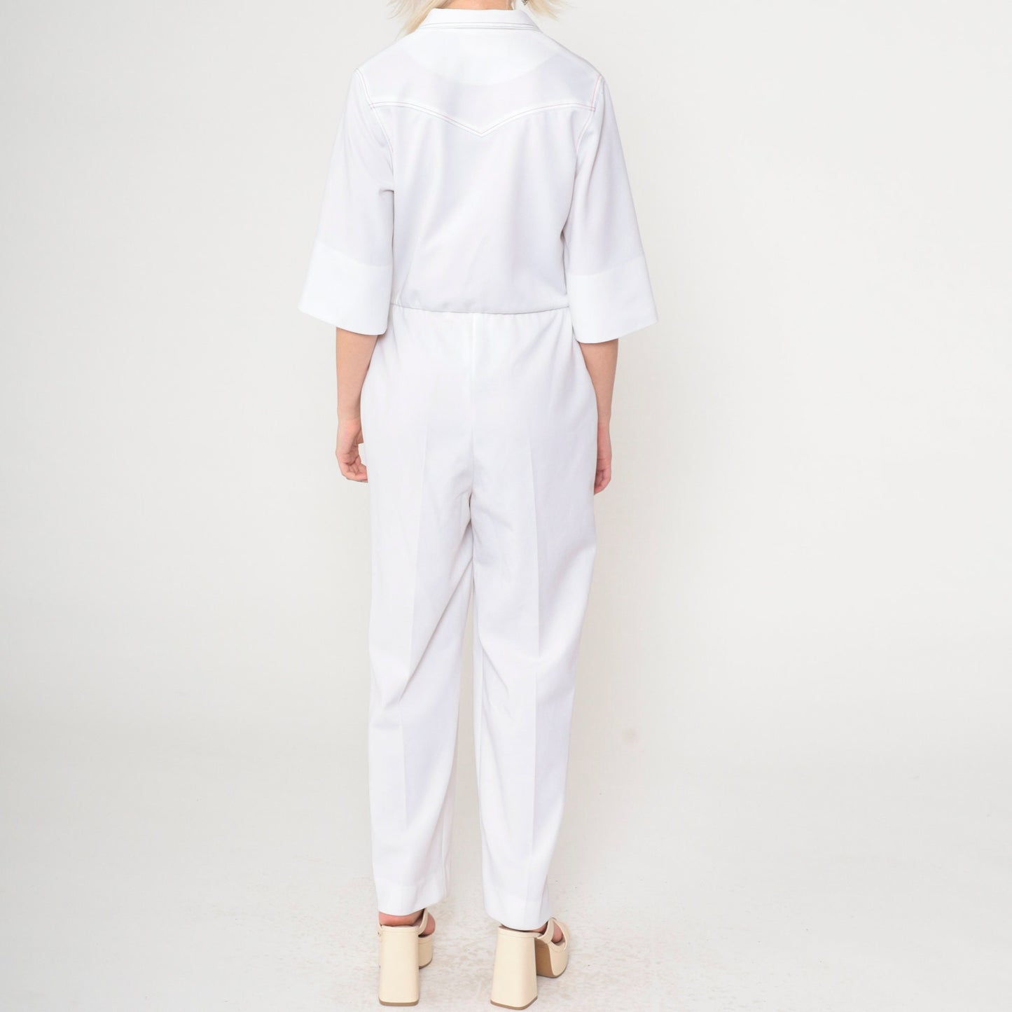 70s White Button-Up Jumpsuit High Waisted Straight Leg 3/4 Sleeve Small