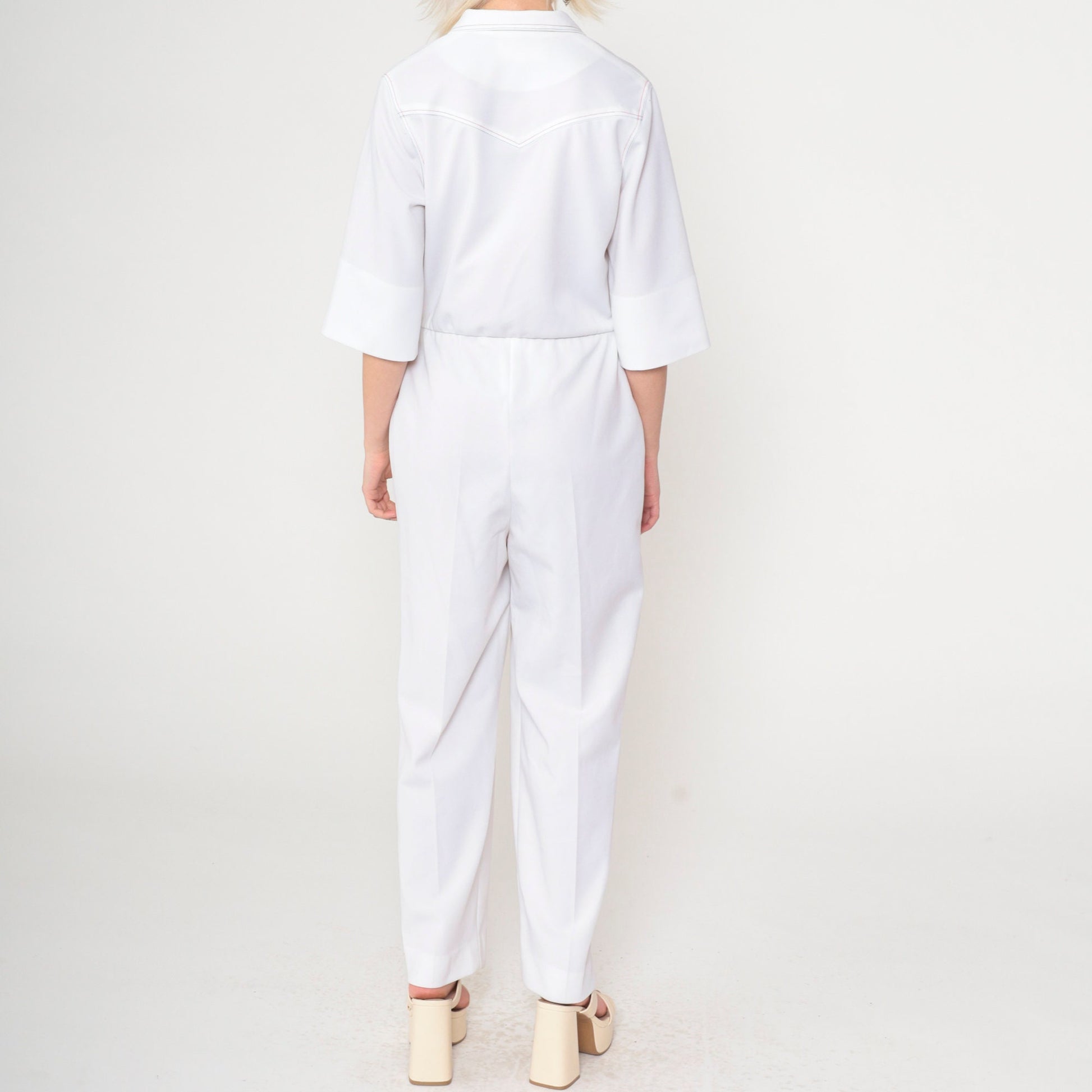 70s White Button-Up Jumpsuit High Waisted Straight Leg 3/4 Sleeve Small