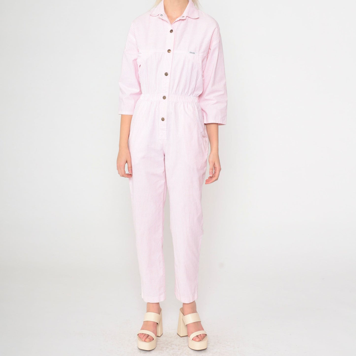 80s Ideas Pink White Striped Jumpsuit High Waisted Tapered Small