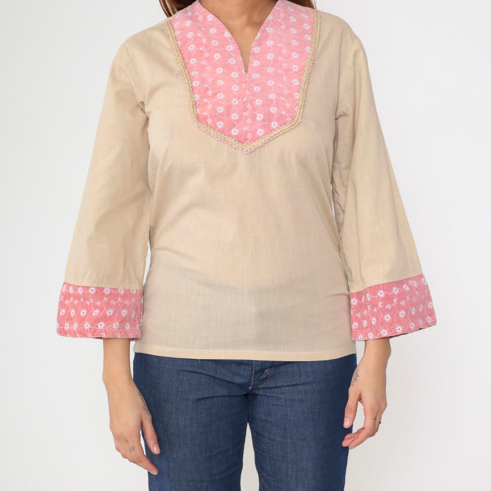70s Kennington Embroidered Tunic Top Beige Corduroy Floral V-Neck Small