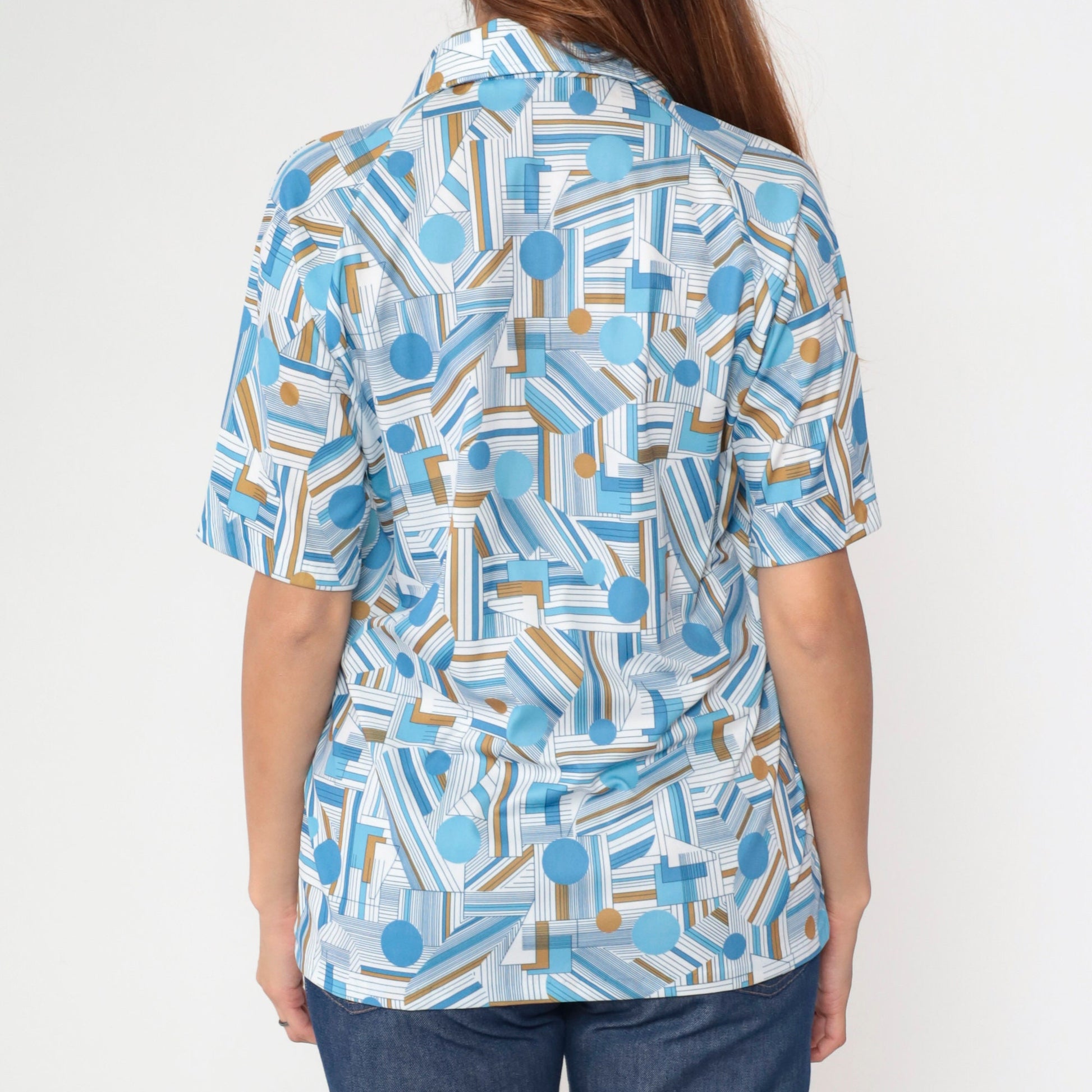70s Lily Daché Psychedelic Geometric Dagger Collar Shirt Blue Medium