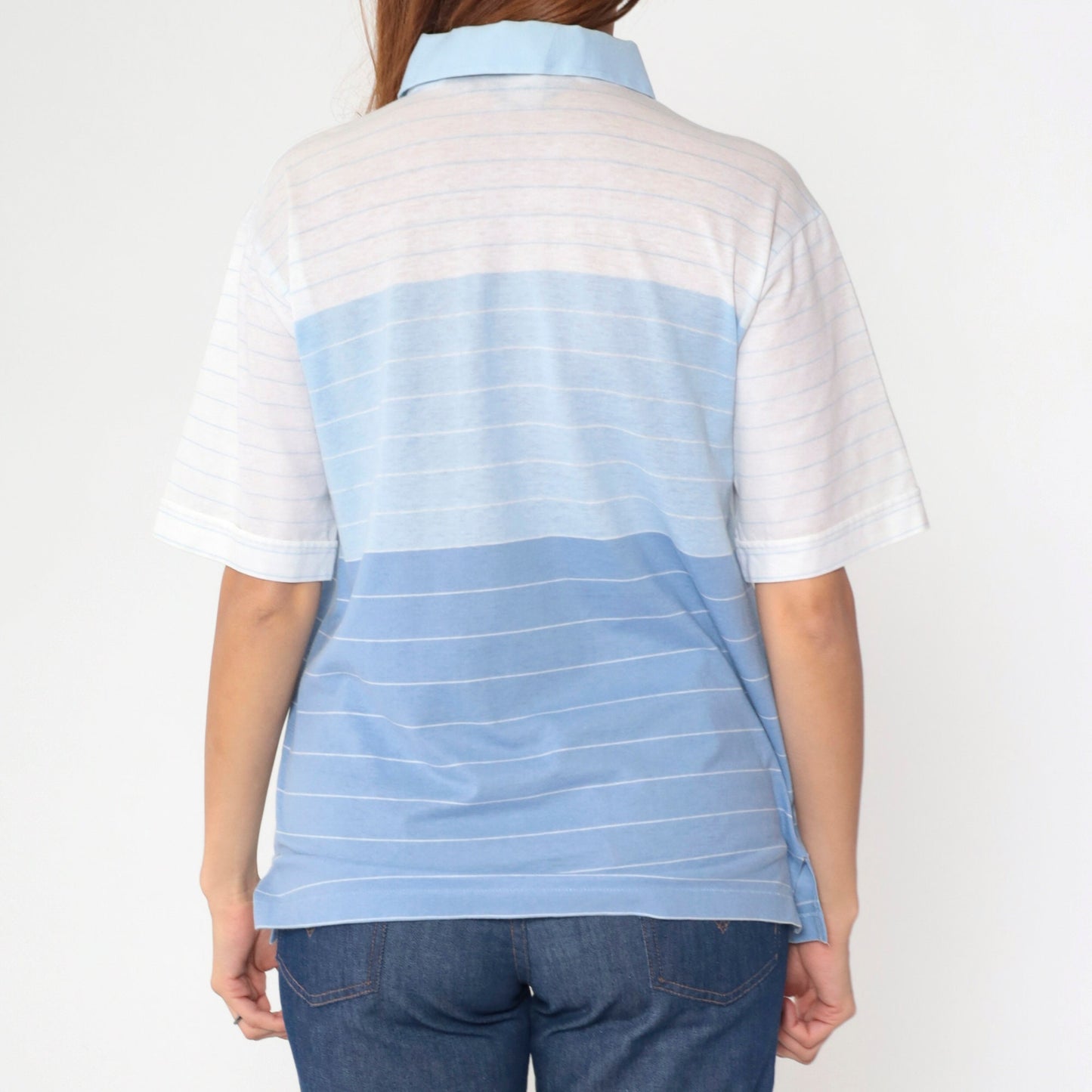 80s Arrow Tournament Striped Polo Shirt Blue White Half Button Medium