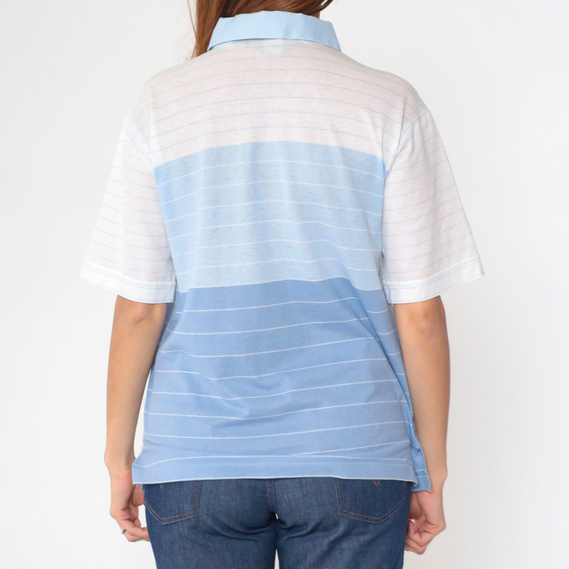 80s Arrow Tournament Striped Polo Shirt Blue White Half Button Medium