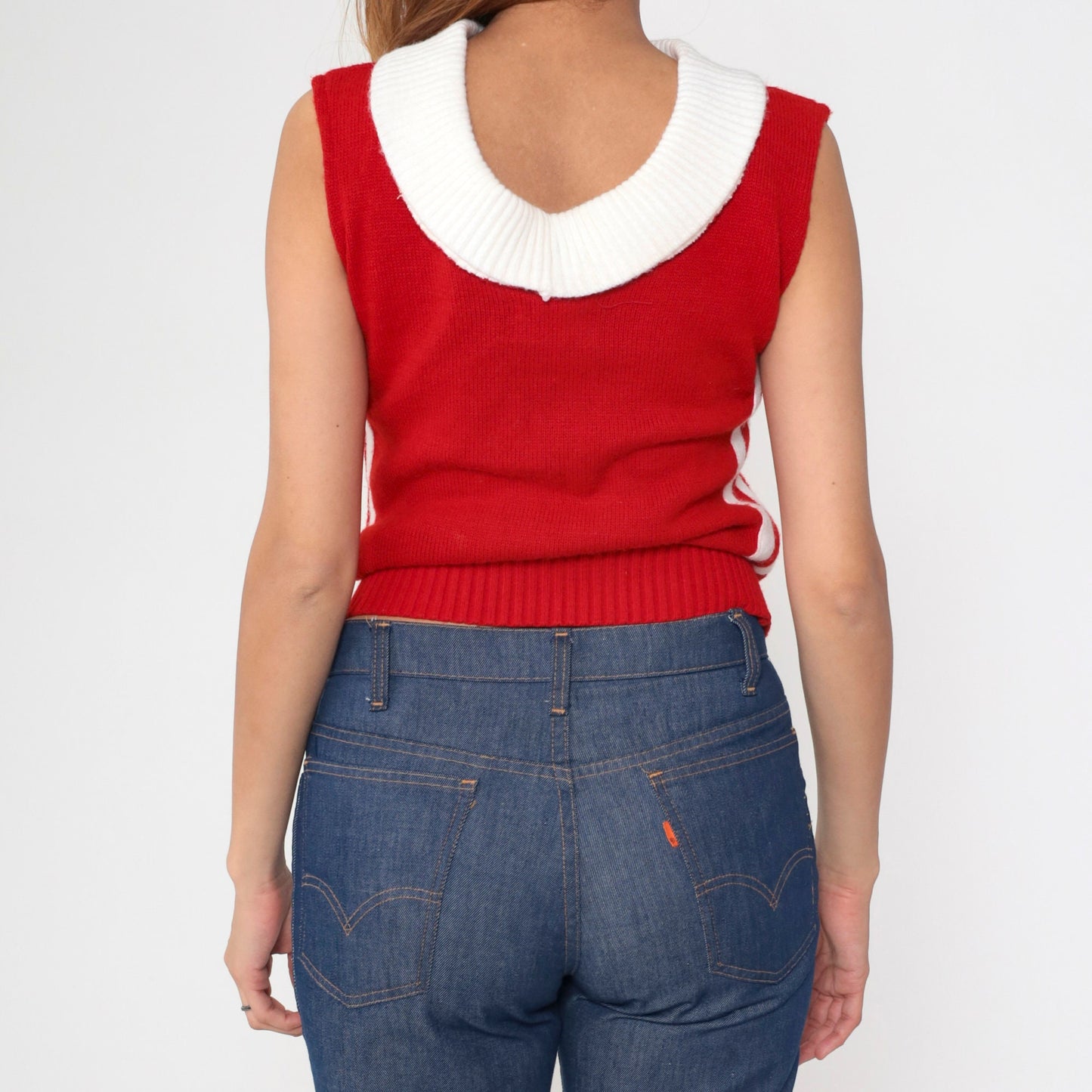 80s USA Drill Team Sweater Red Knit White Stripe Patricia Cheer Top Small