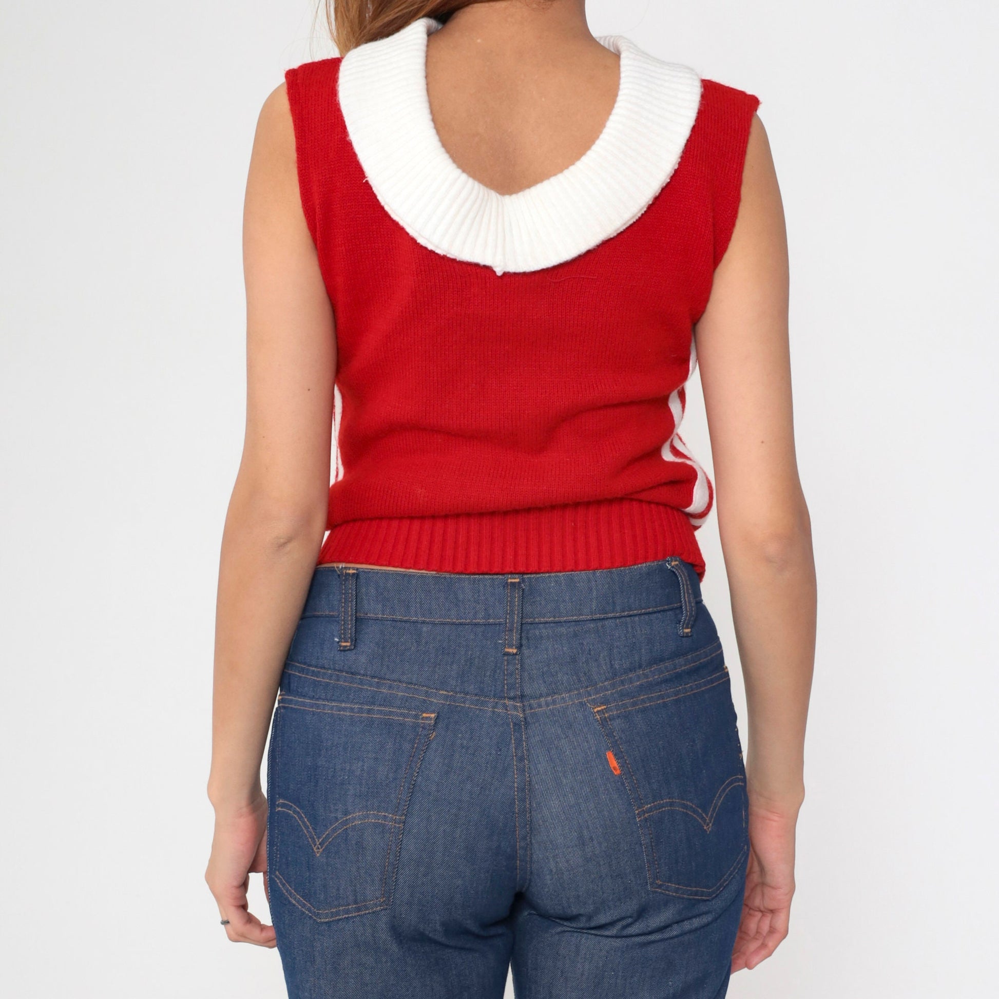 80s USA Drill Team Sweater Red Knit White Stripe Patricia Cheer Top Small