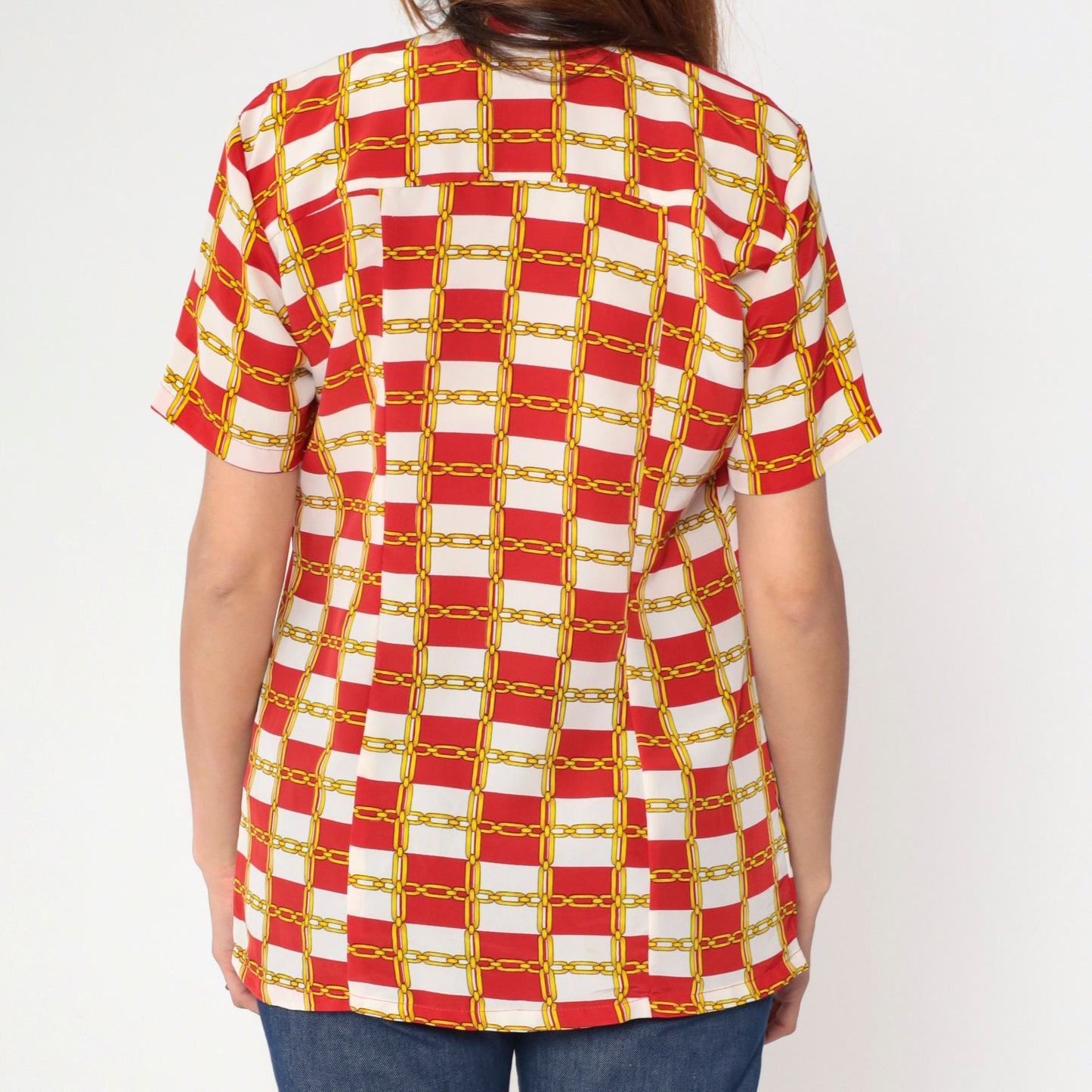 80s Chain-Link Red White Checkered Open Front Blouse Short Sleeve Small Medium
