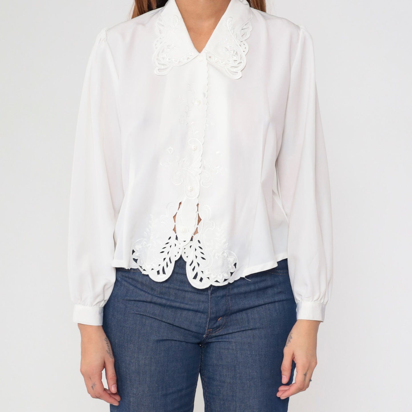 90s White Lace Blouse Paisley Floral Embroidery Cutout Puff Sleeve Button Up Medium