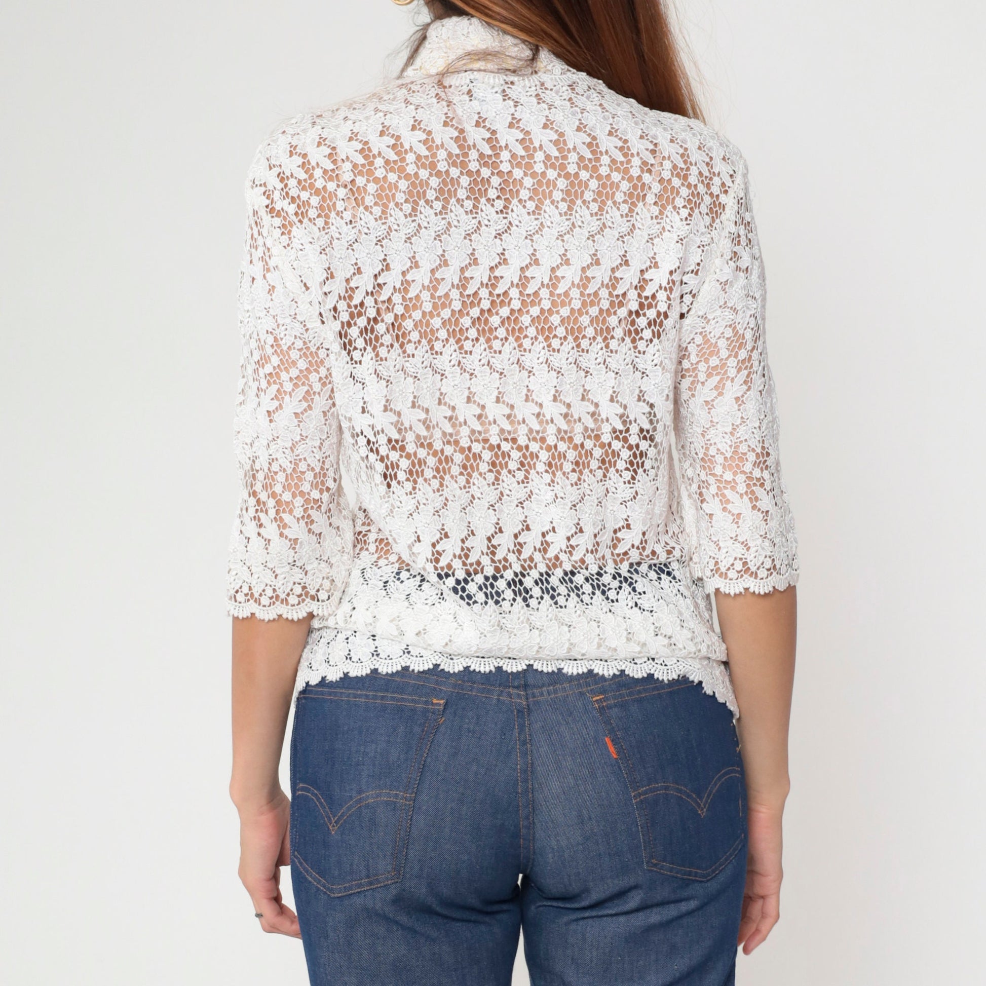 80s White Lace Blouse Peter Pan Collar Button-Up 3/4 Sleeve Small
