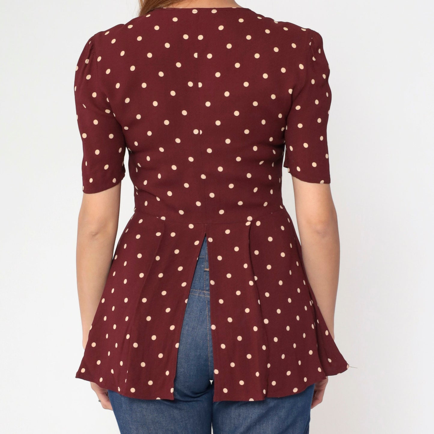 80s Maroon Polka Dot Beaded Floral Button-Up Blouse Puff Sleeve Small S