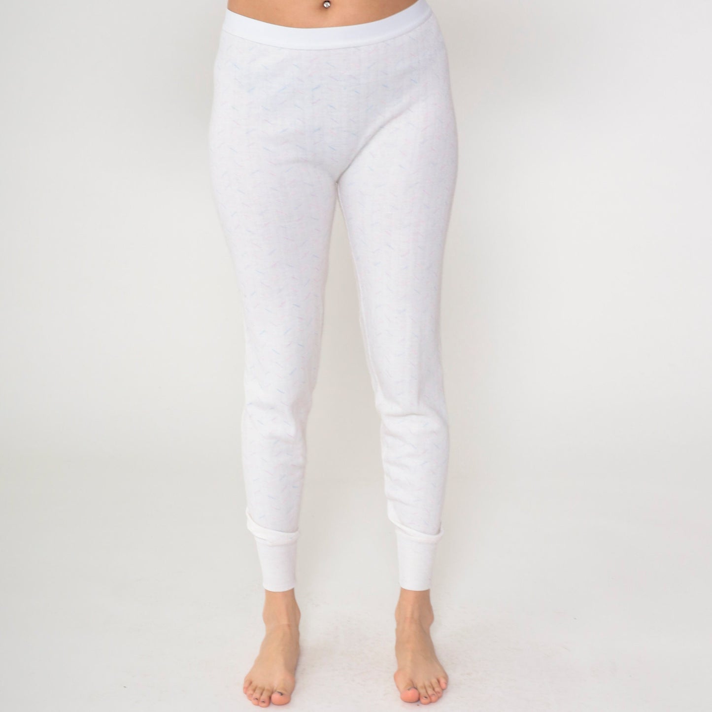80s Thermal Pajama Set White Confetti Print Long Johns Two Piece Medium