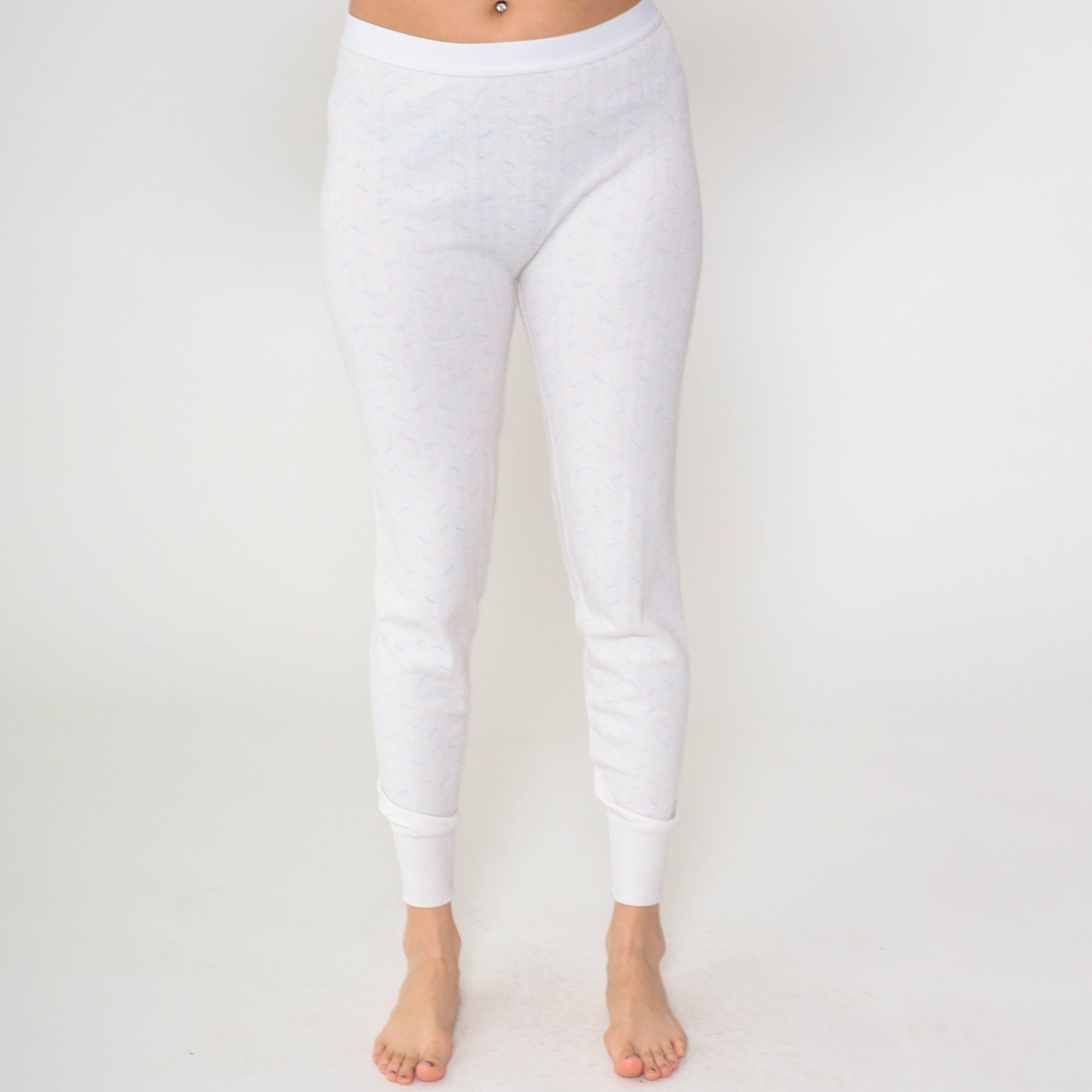 80s Thermal Pajama Set White Confetti Print Long Johns Two Piece Medium