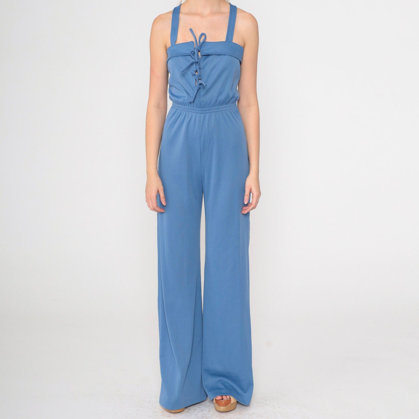 70s Blue Lace-Up Jumpsuit Bell Bottom Tank Straps Criss-Cross Extra Small