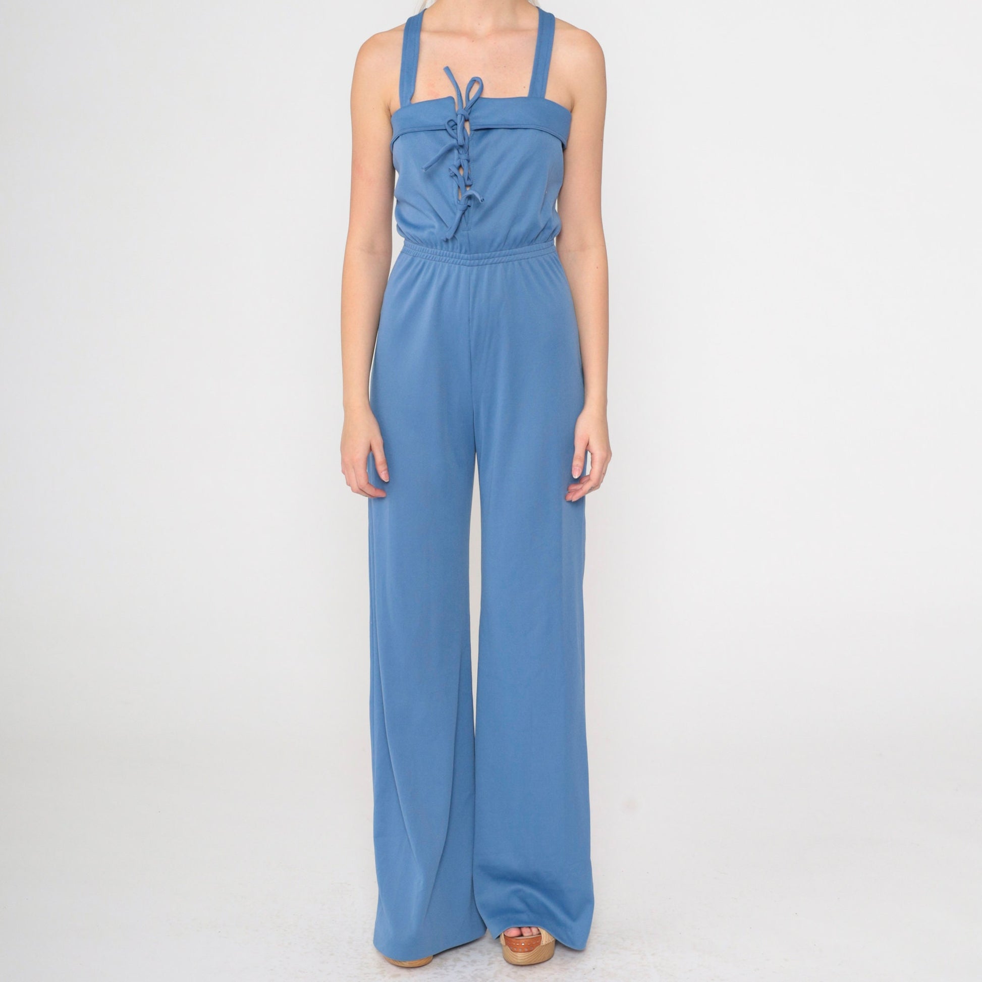 70s Blue Lace-Up Jumpsuit Bell Bottom Tank Straps Criss-Cross Extra Small