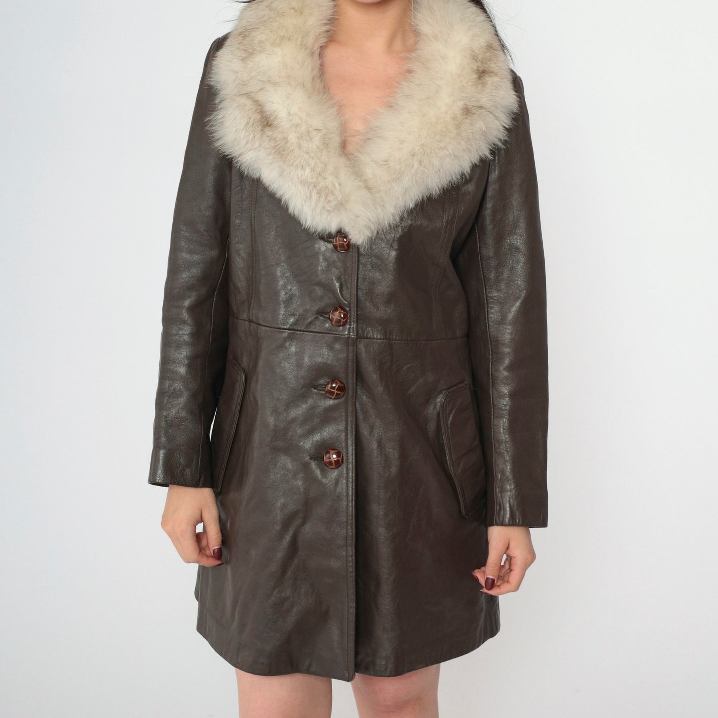 70s Brown Leather Jacket Fur Collar Button-Up Tailored Small S