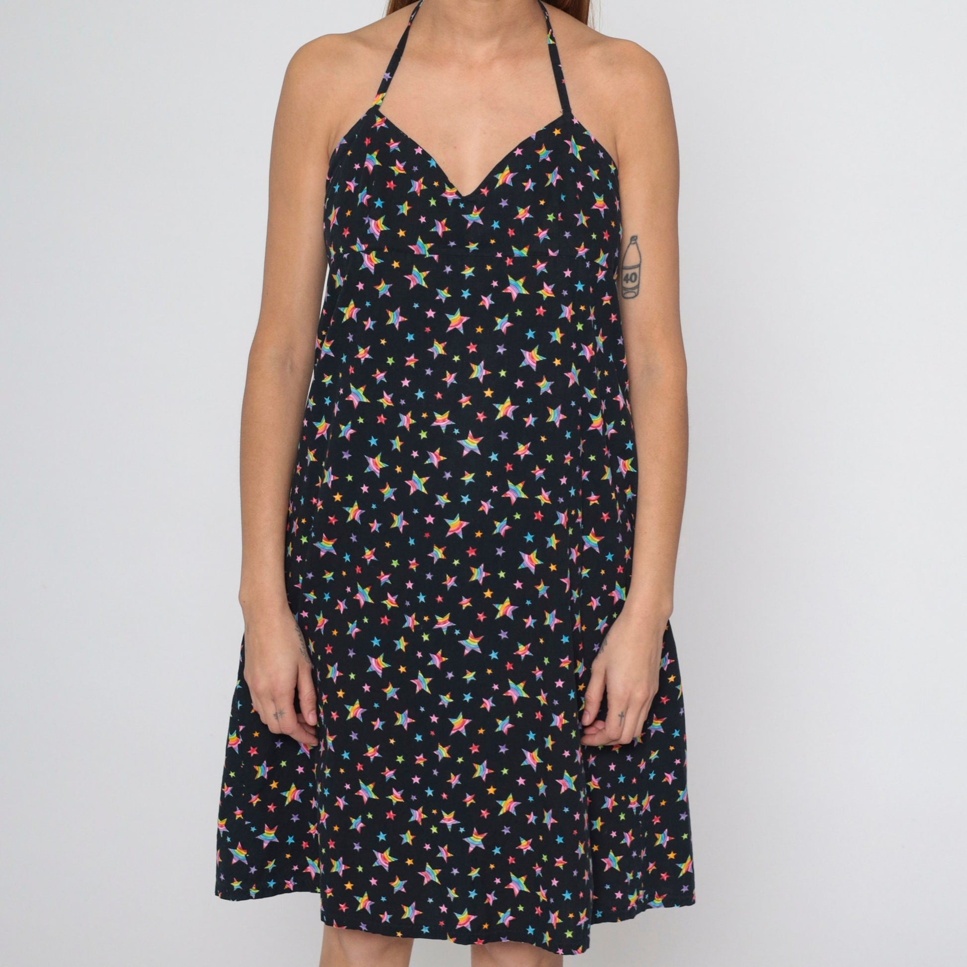 Y2K Black Rainbow Star Print Halter Midi Dress Empire Waist Sleeveless Medium