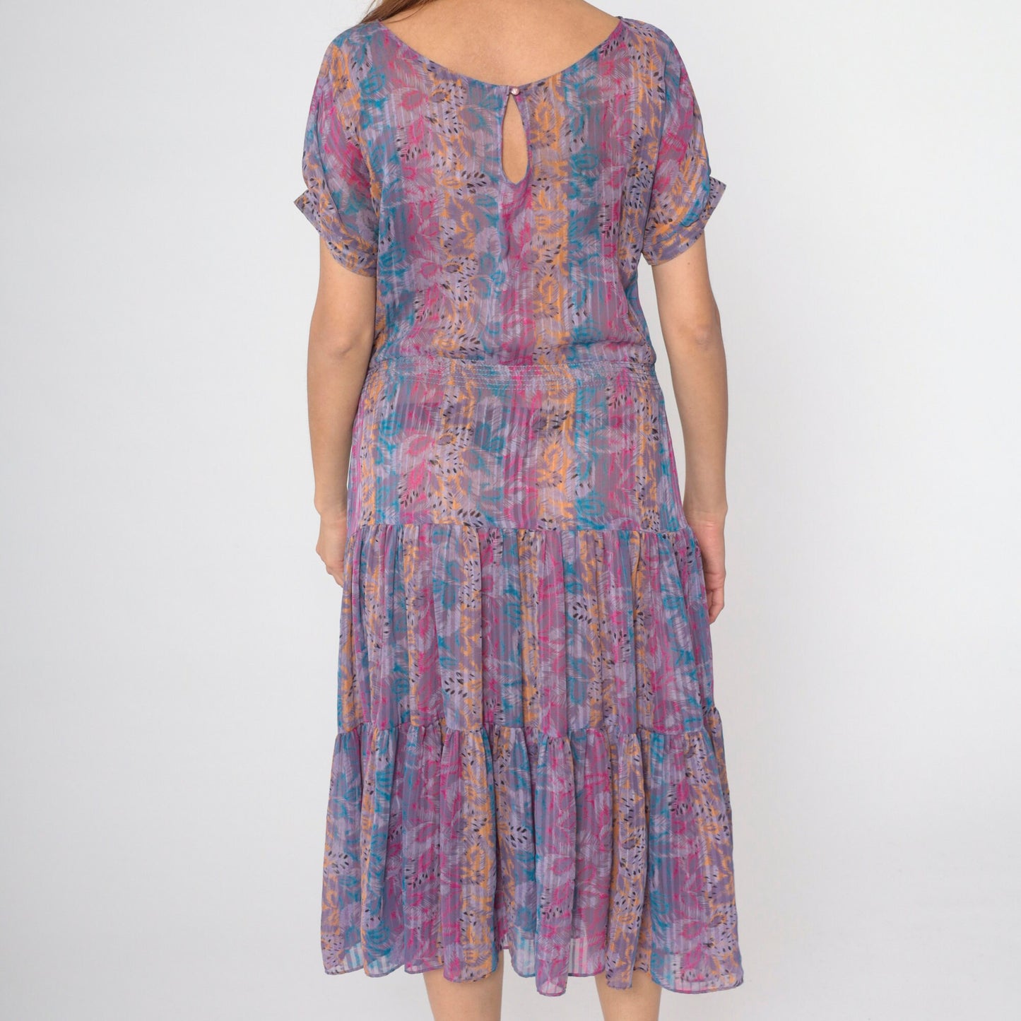 80s Floral Abstract Striped Midi Dress Drop Waist Tiered Short Sleeve Purple Small