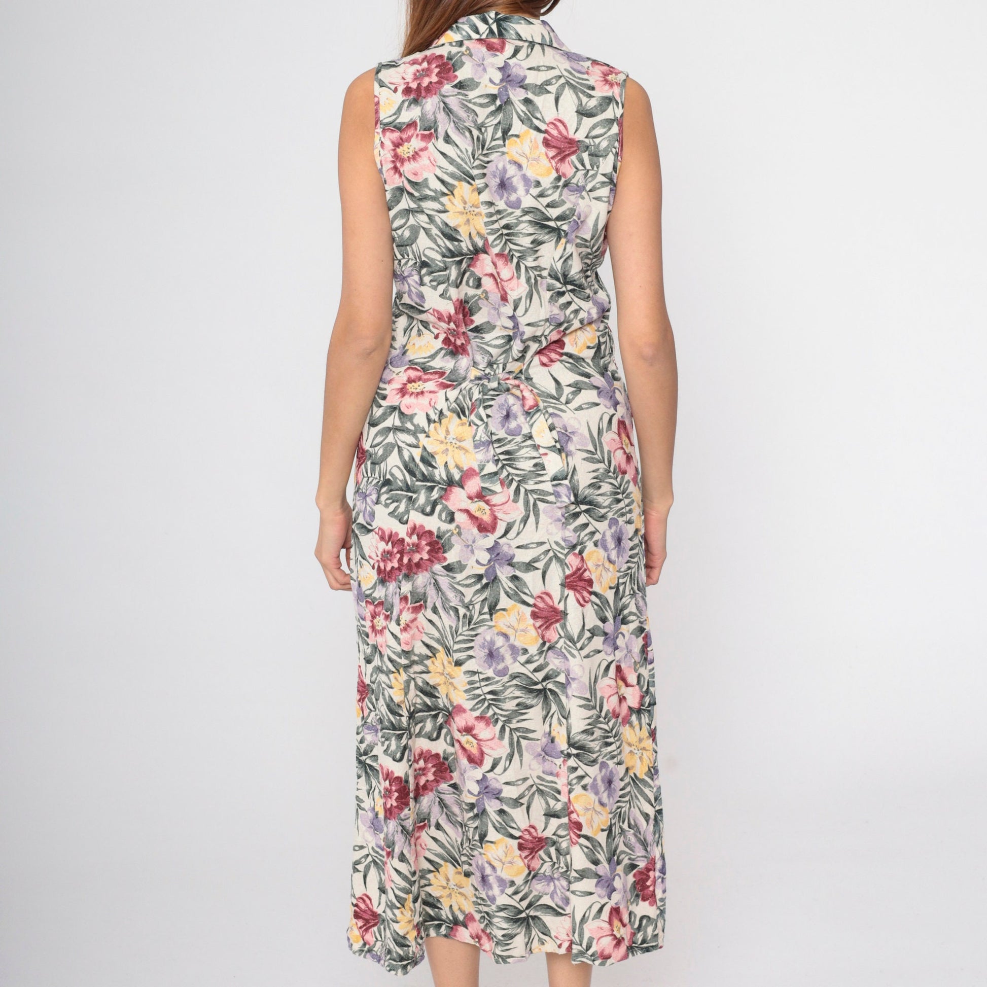 90s O'Kief Silk Floral Midi Dress Tropical Print Off-White Sleeveless Medium