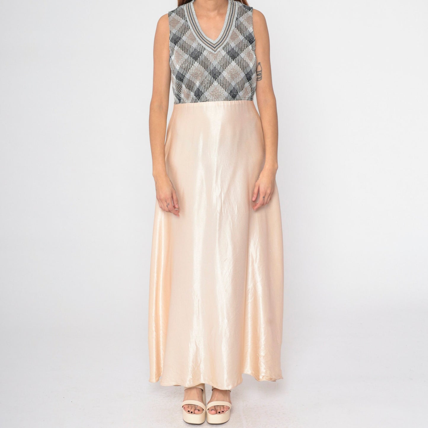 70s Metallic Checkered Maxi Dress Silver Champagne V Neck Sleeveless Medium
