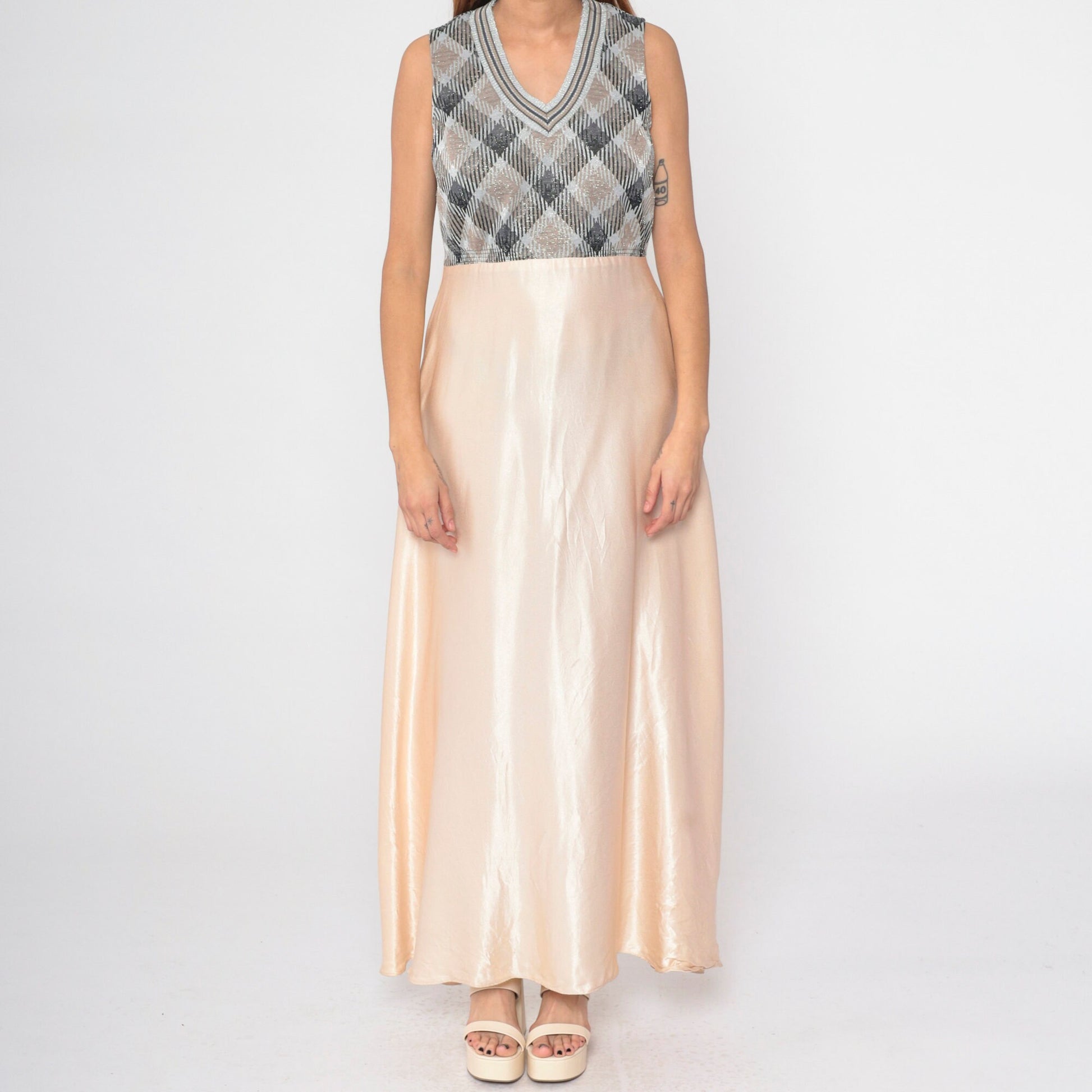 70s Metallic Checkered Maxi Dress Silver Champagne V Neck Sleeveless Medium