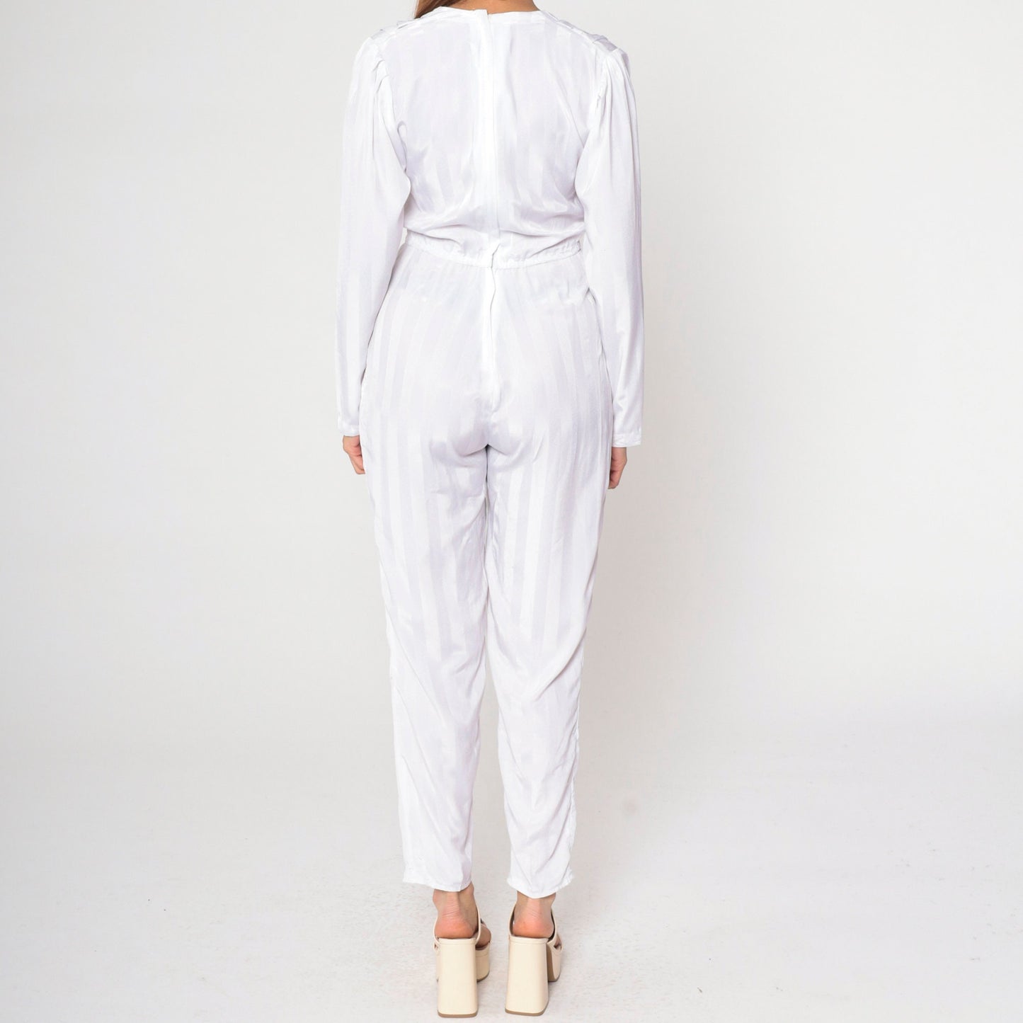 80s White Striped Puff Sleeve Jumpsuit V Neck Tapered Pantsuit Small S