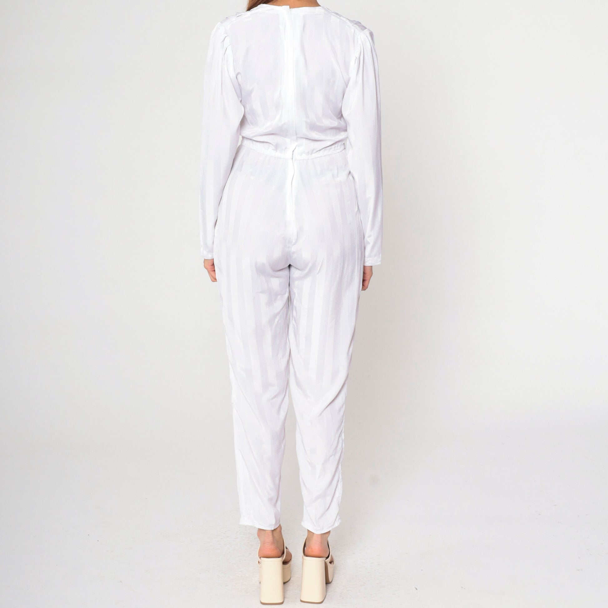 80s White Striped Puff Sleeve Jumpsuit V Neck Tapered Pantsuit Small S