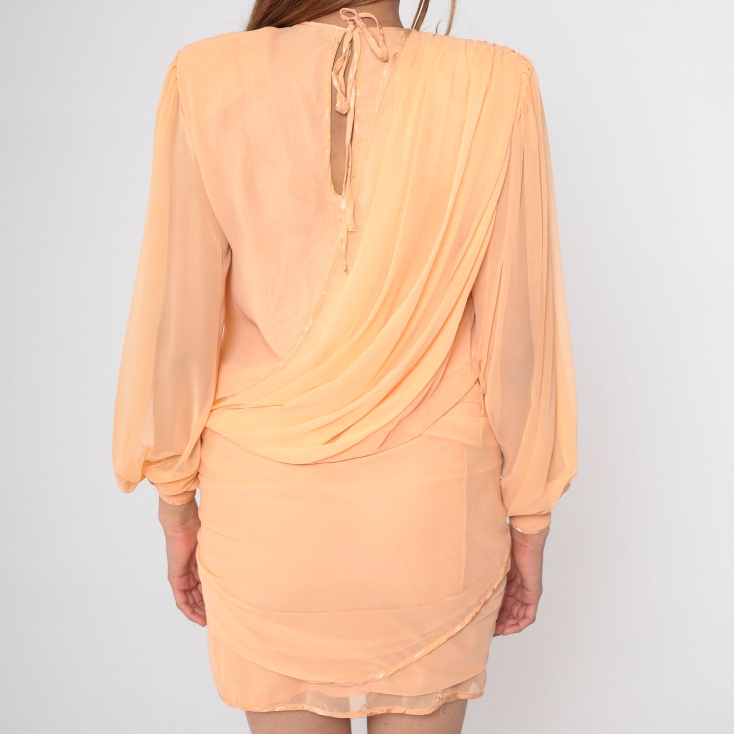 80s Peach Chiffon Shift Dress Puff Sleeve Draped Bodice Small