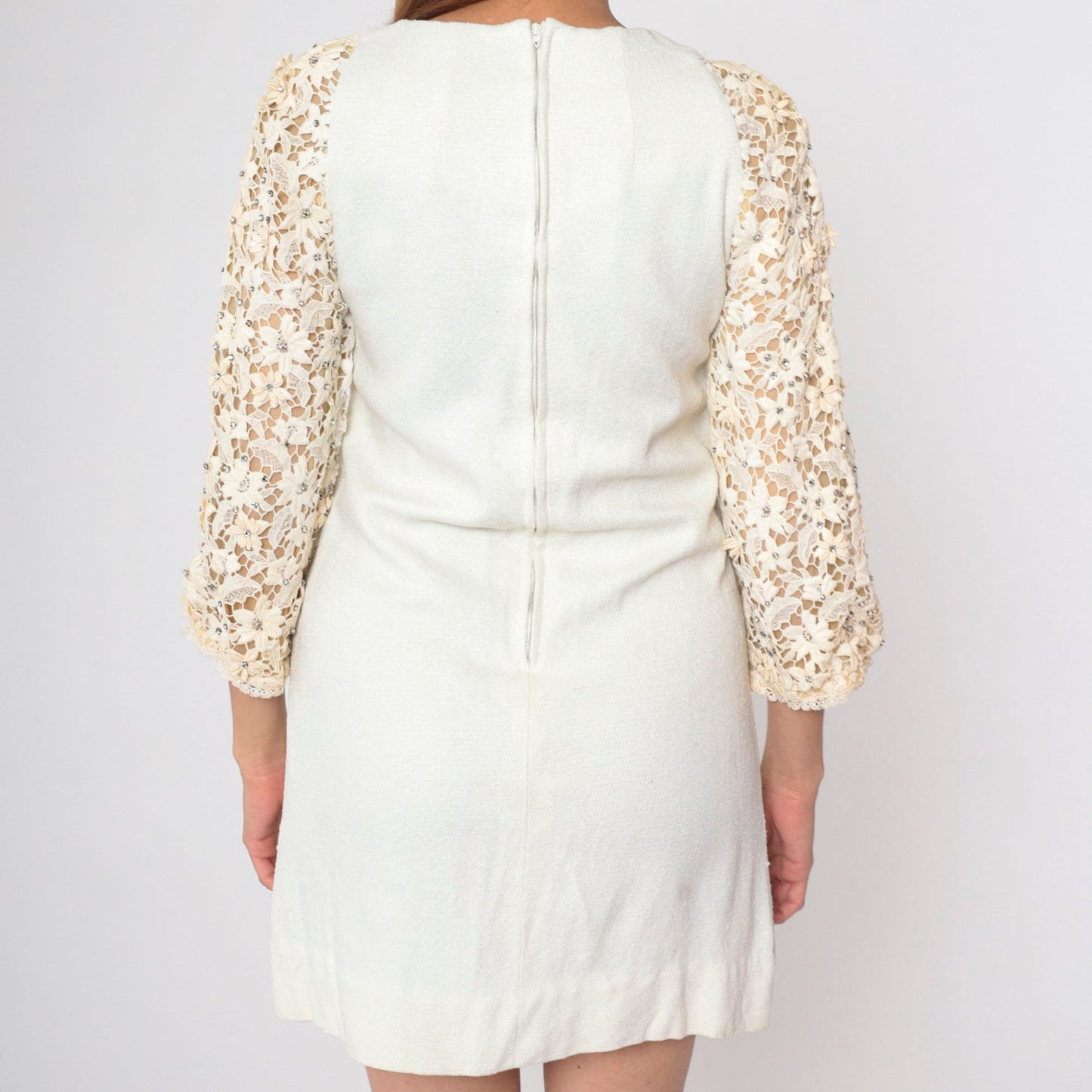 60s White Lace Mini Dress Rhinestone 3/4 Sleeve Shift Mod Small
