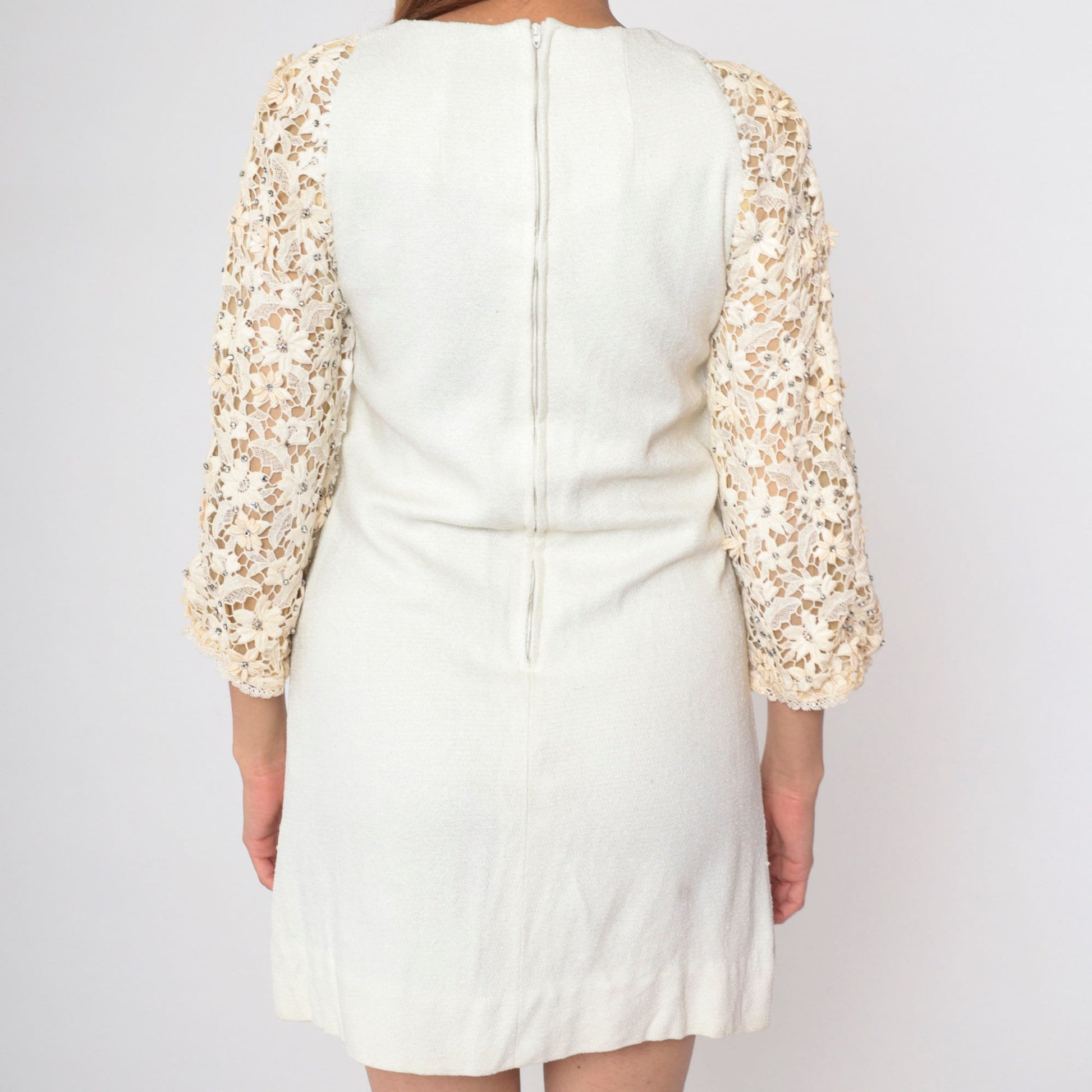 60s White Lace Mini Dress Rhinestone 3/4 Sleeve Shift Mod Small