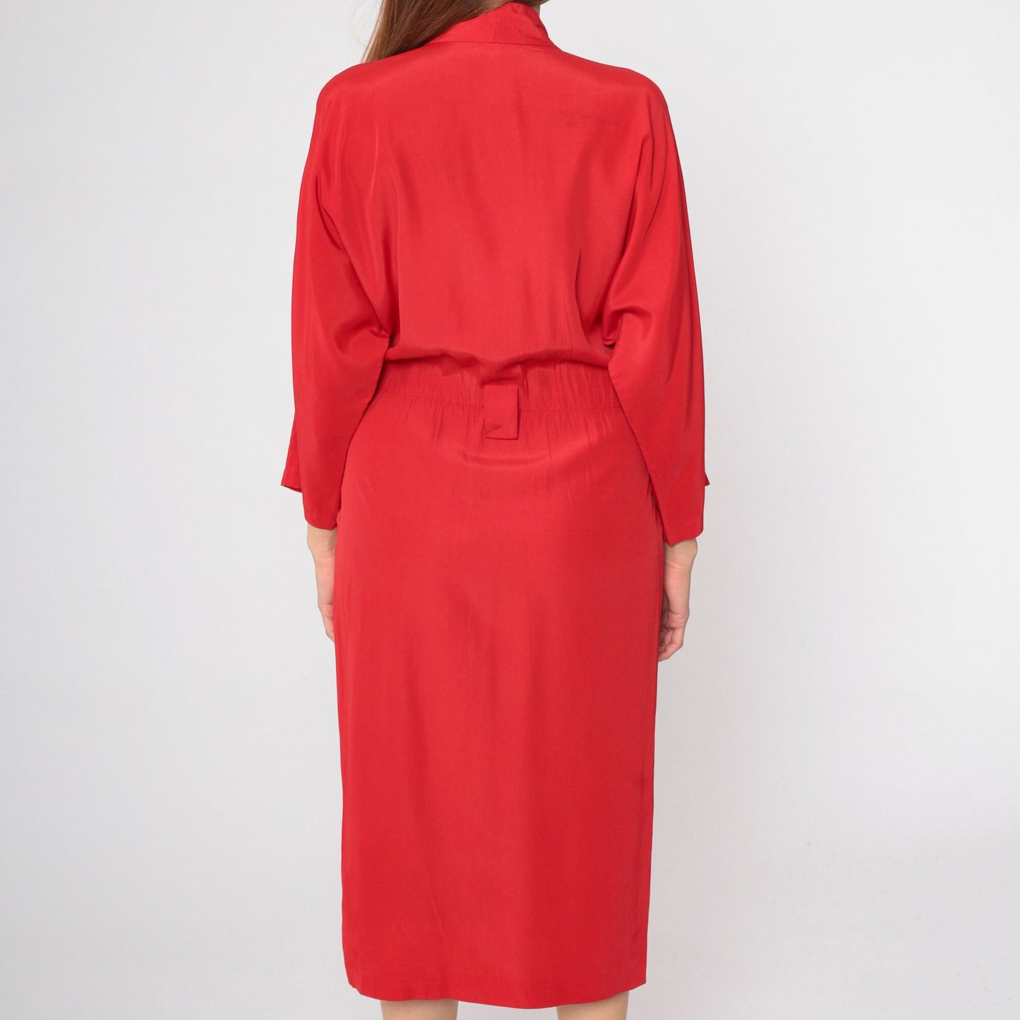 90s Red Button-Up Midi Dress Dolman Sleeve High Waist Faux Wrap Small 6