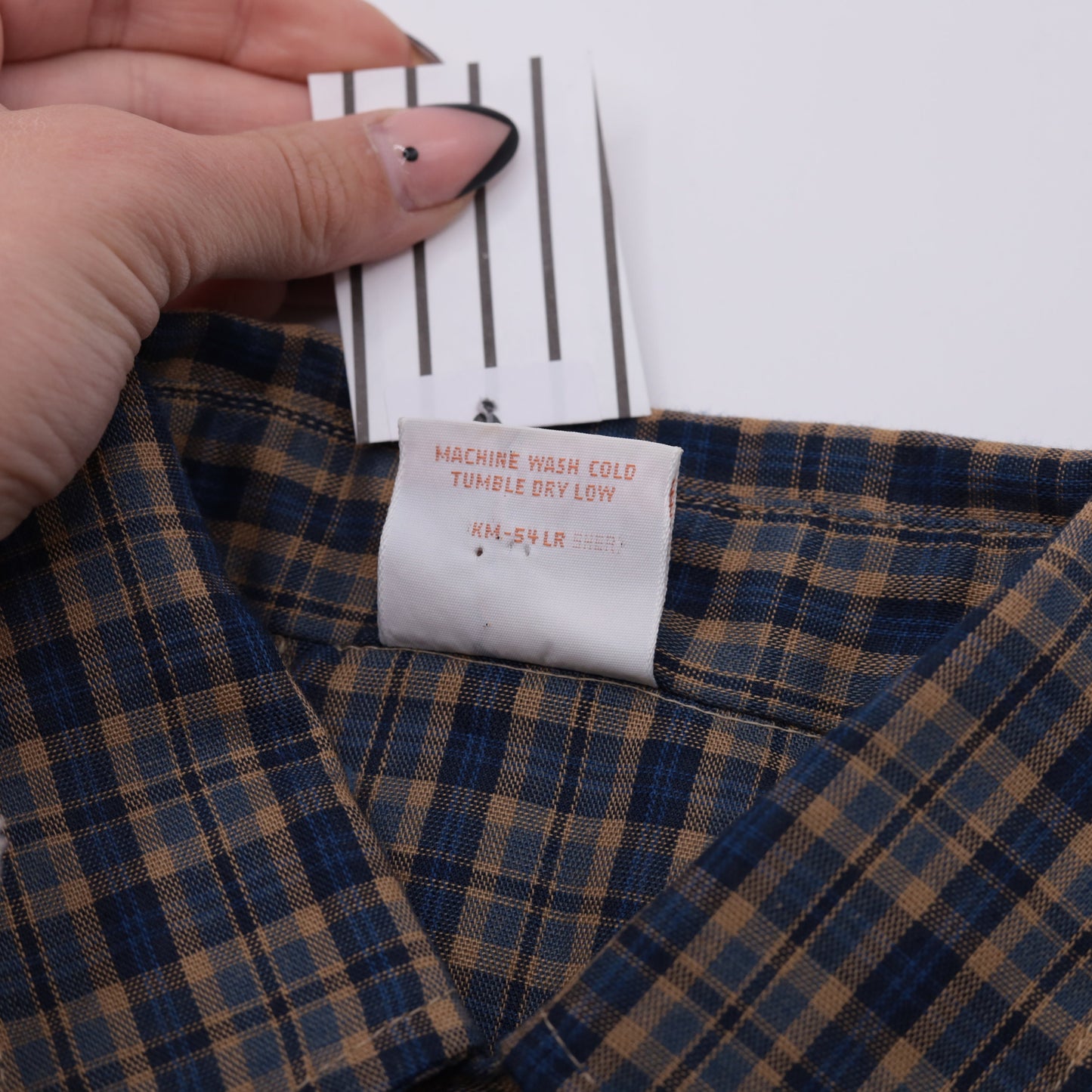 90s Blue Tan Plaid Button-Up Shirt Long Sleeve Chest Pocket Extra Small